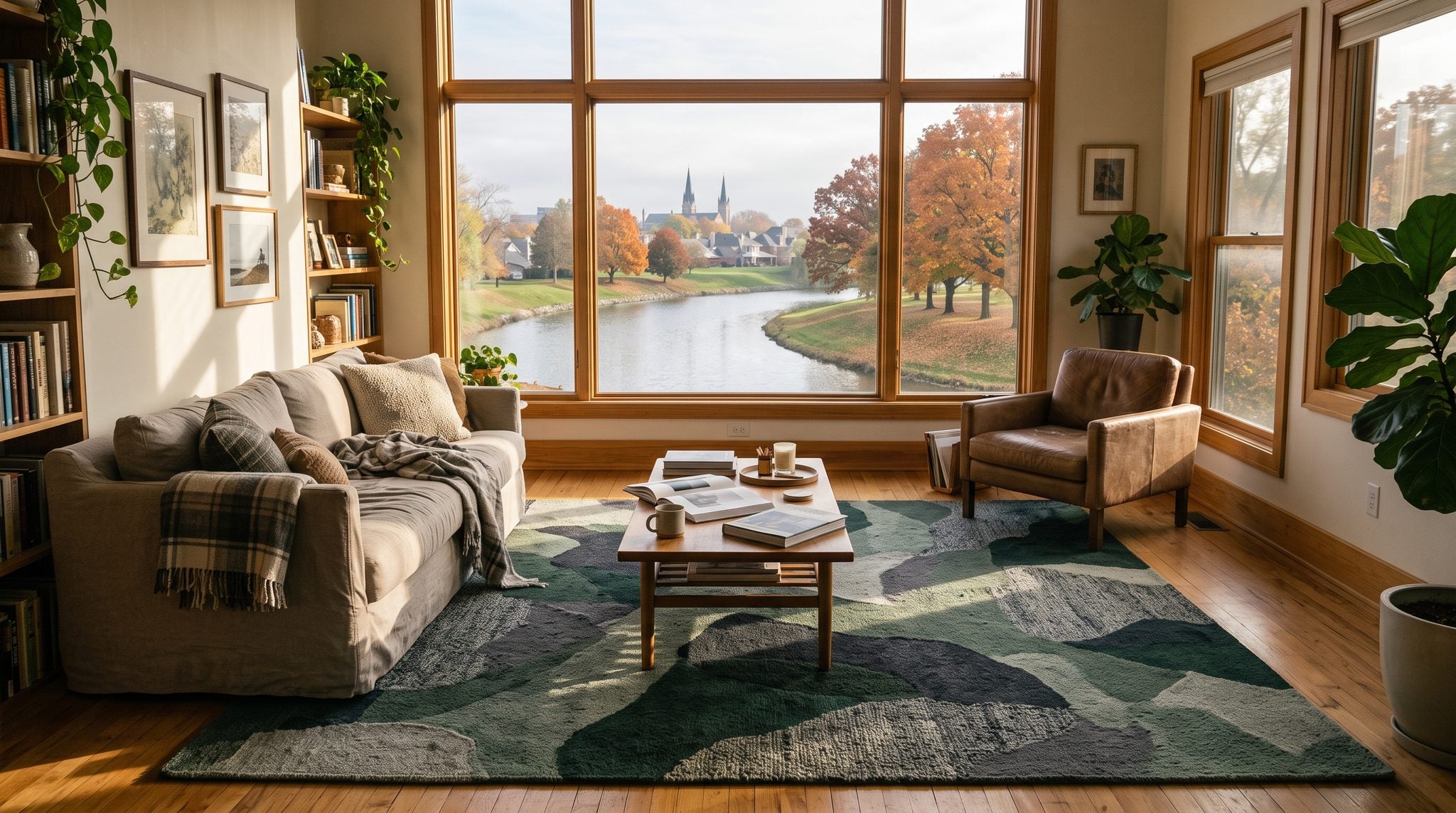 Sunlit room with a window overlooking a river lined with autumn trees and a small Midwestern city skyline