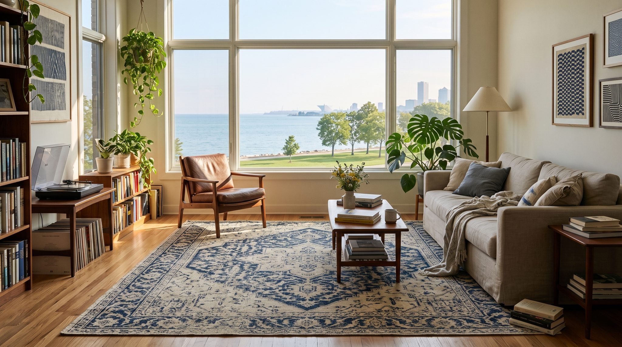Sunlit living room window overlooking the Lake Michigan shoreline near Milwaukee with soft morning light