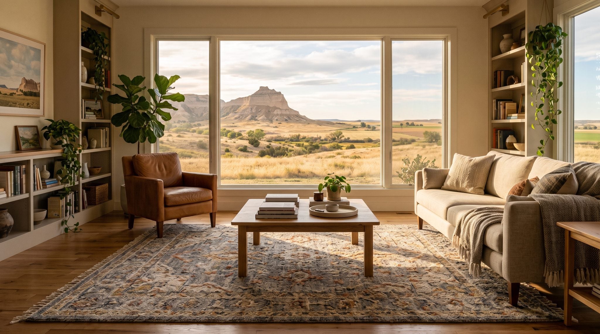 Sunlit living room window overlooking the sandstone bluffs and golden prairie of the Scottsbluff, Nebraska valley