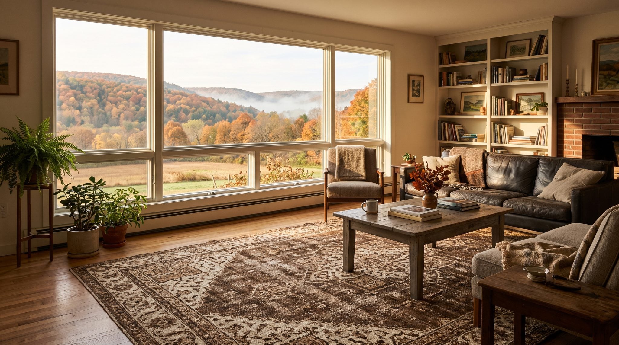 Sunlit living room window overlooking autumn-colored wooded hills of the Allegheny region near Olean, New York