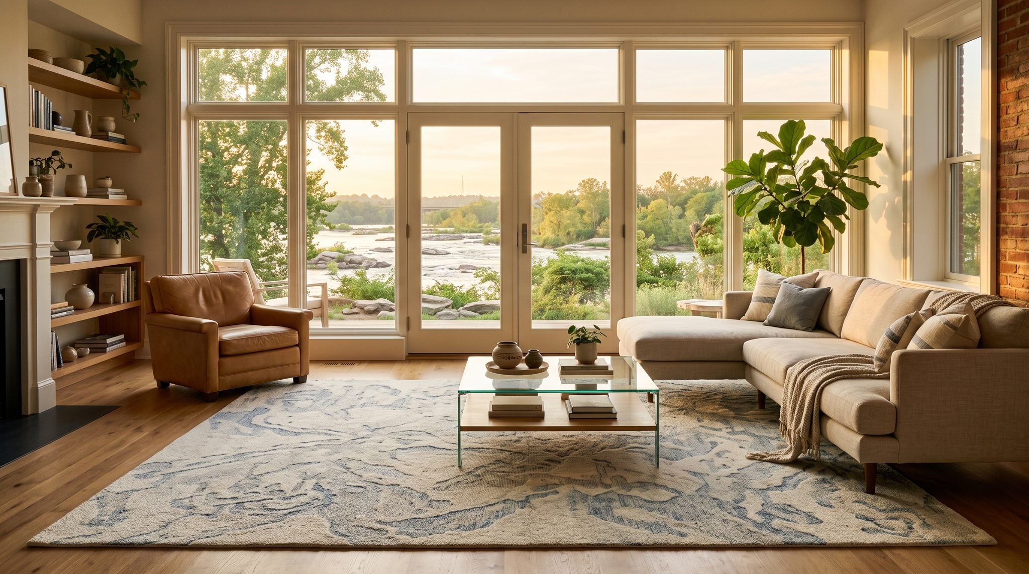 Sunlit room with a window looking out on a river with gentle rapids and leafy green trees at golden hour