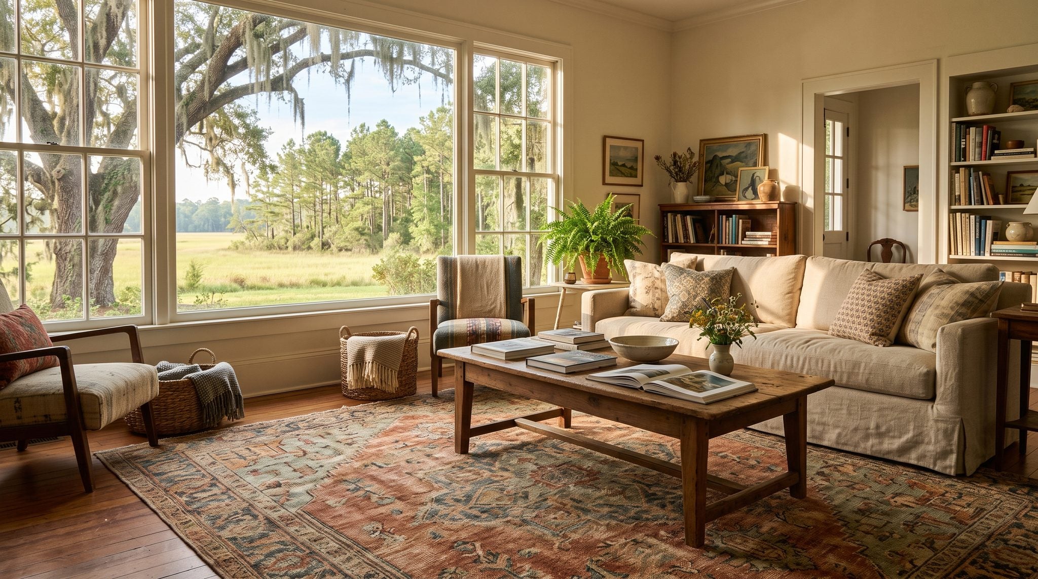Sunlit living room window overlooking a moss-draped live oak and Georgia pine woods in golden light