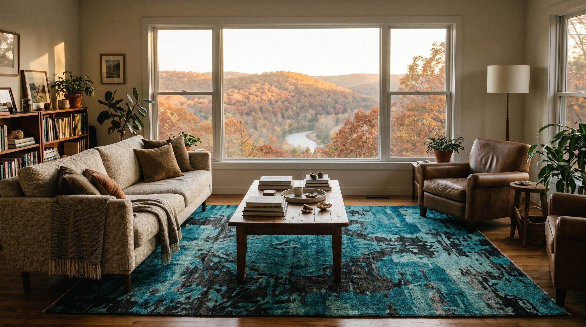 Sunlit window view of autumn-colored Ozark hills and a river valley near Fort Leonard Wood, Missouri