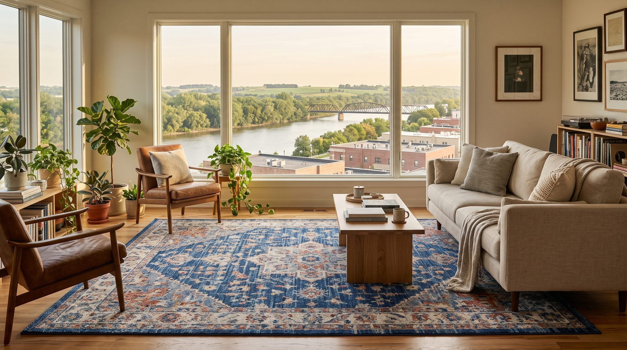 Sunlit living room window overlooking the Cedar River and tree-lined banks of Cedar Rapids, Iowa