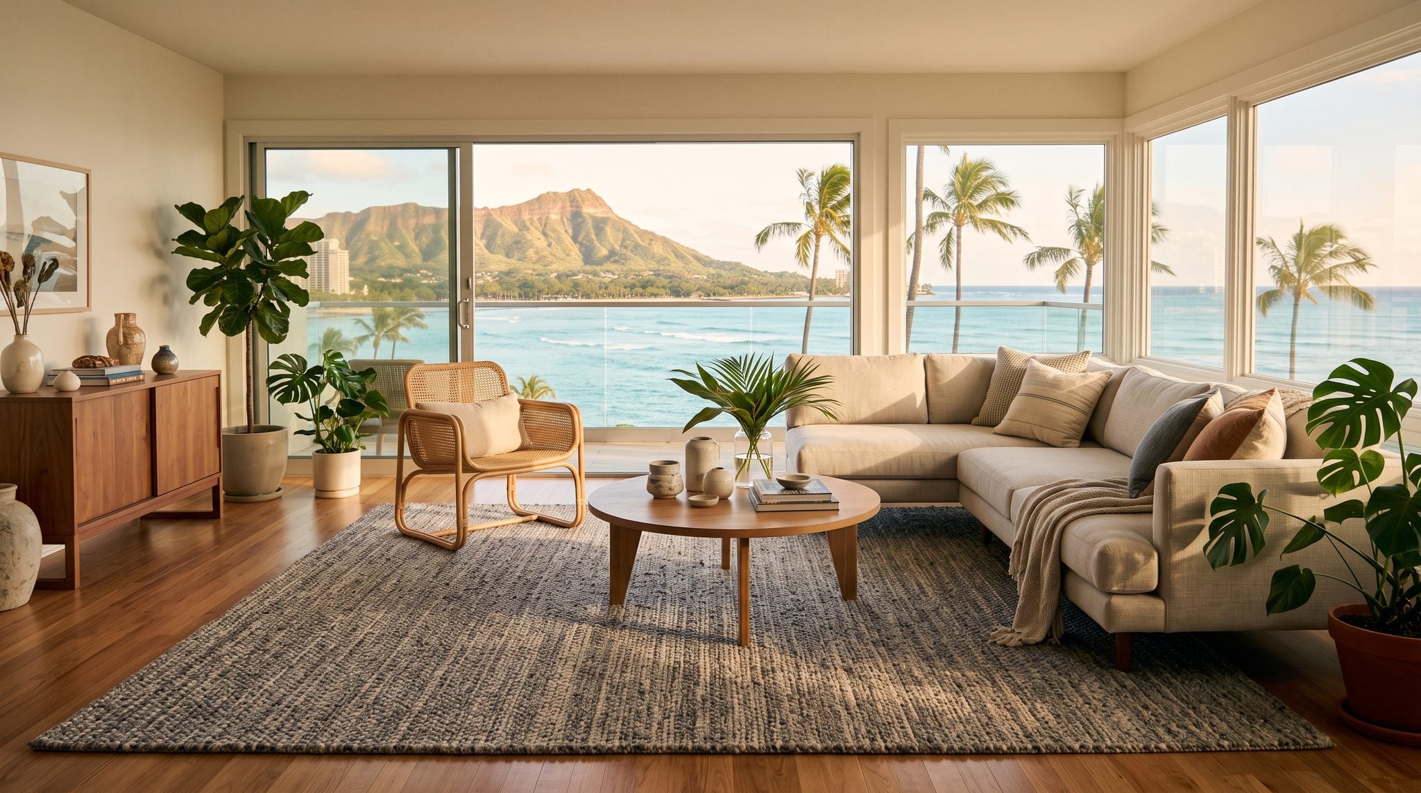 Sunlit living room window looking out to Diamond Head, palm trees and the turquoise Pacific near Honolulu
