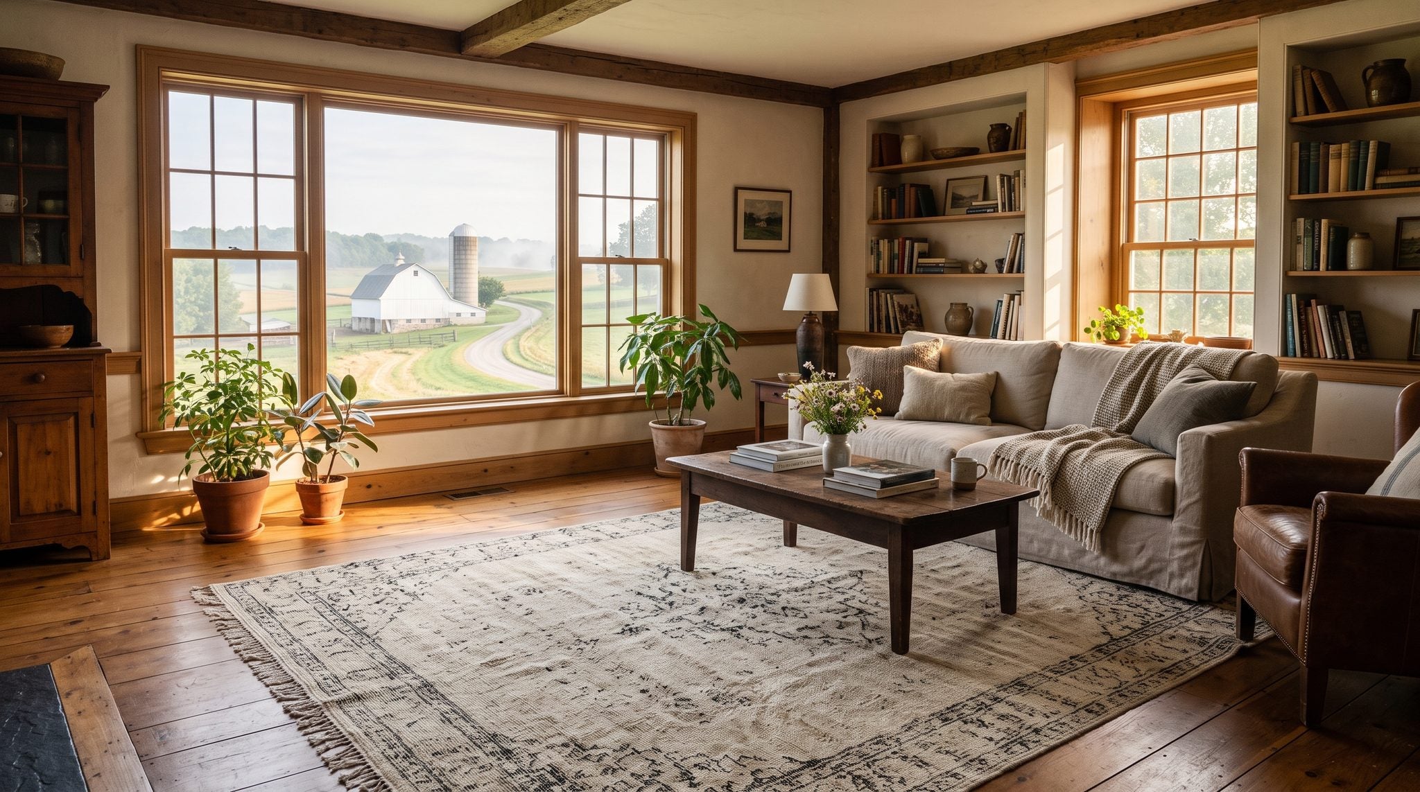 Sunlit living room window overlooking Lancaster County farm fields, a white barn and a silo in golden morning light