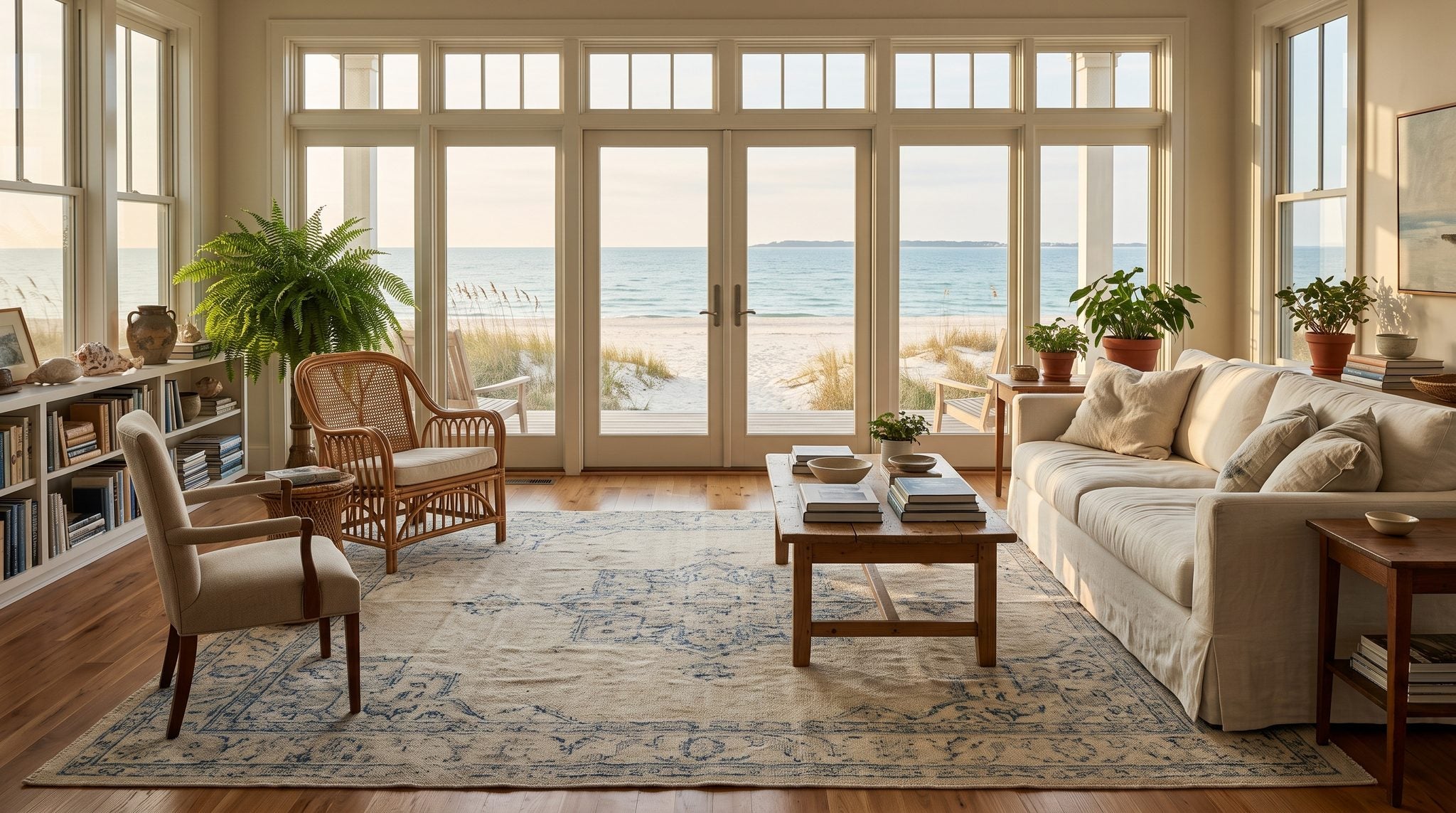 Sunlit Gulf Coast beach with calm blue-green water and dune grass seen through a living room window