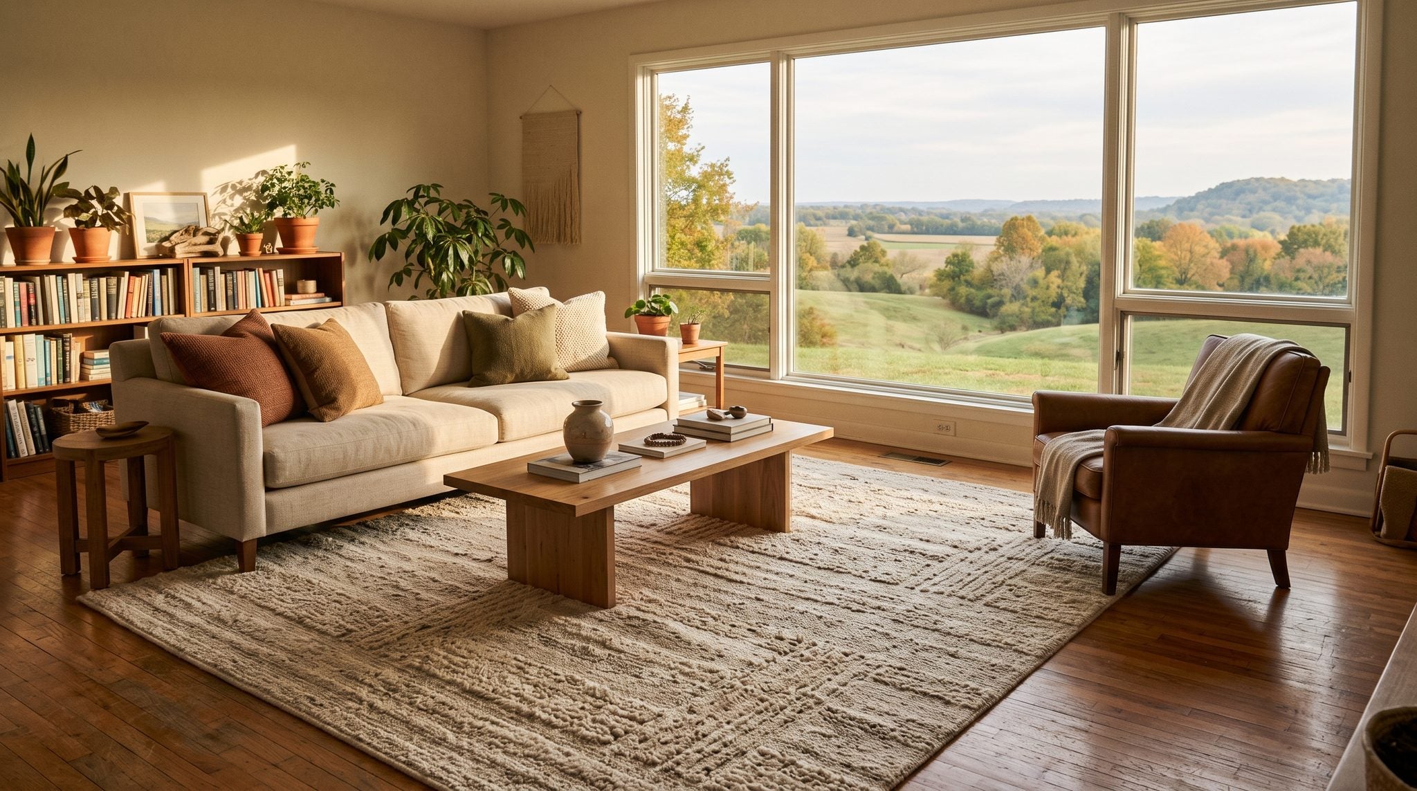 Sunlit living room window overlooking rolling Missouri hills and autumn trees near the Missouri River