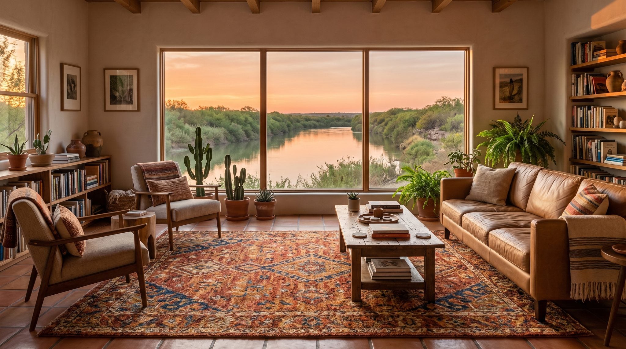 Sunlit living room window overlooking the Rio Grande and brush country near Laredo, Texas at golden hour