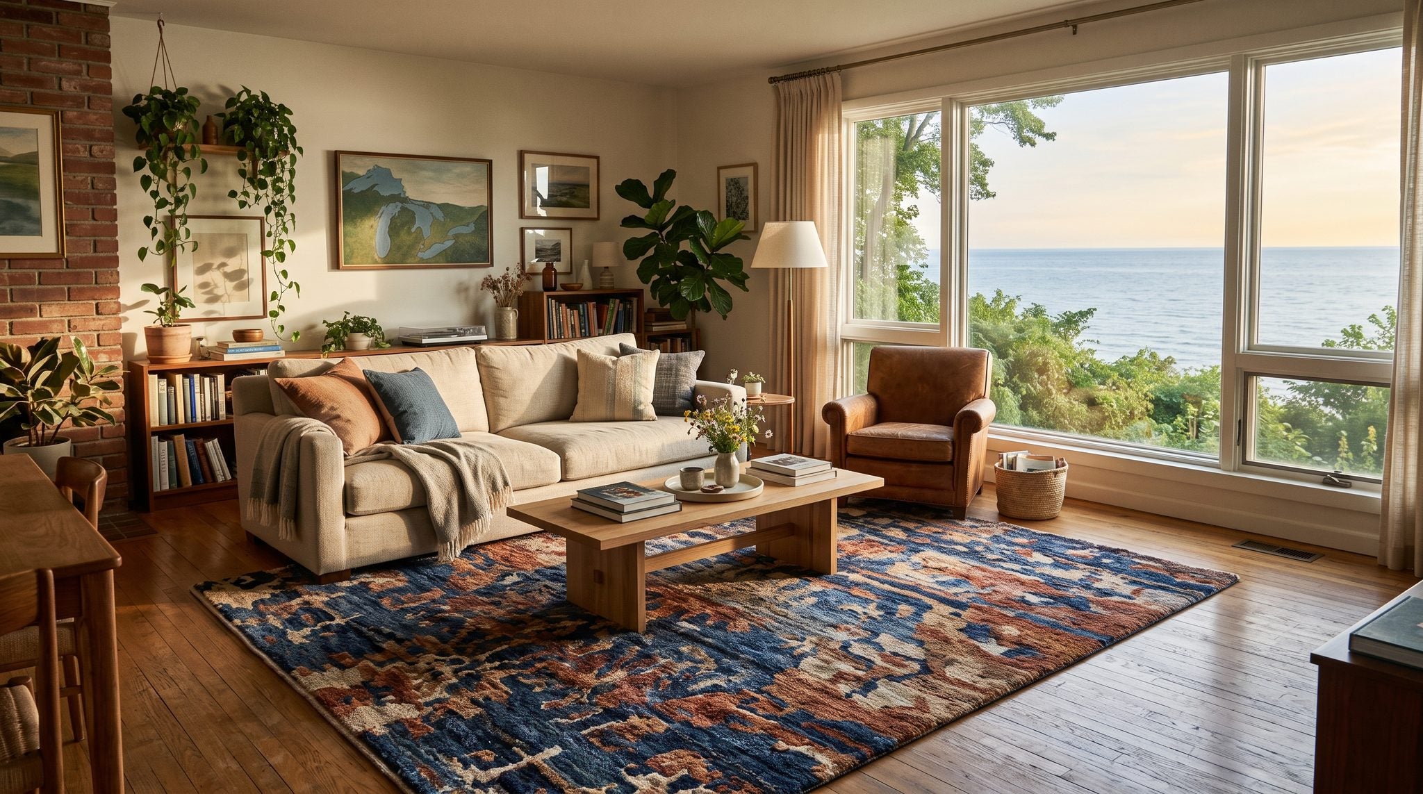 Sunlit living room window looking out over Lake Erie at morning with green trees along the shore