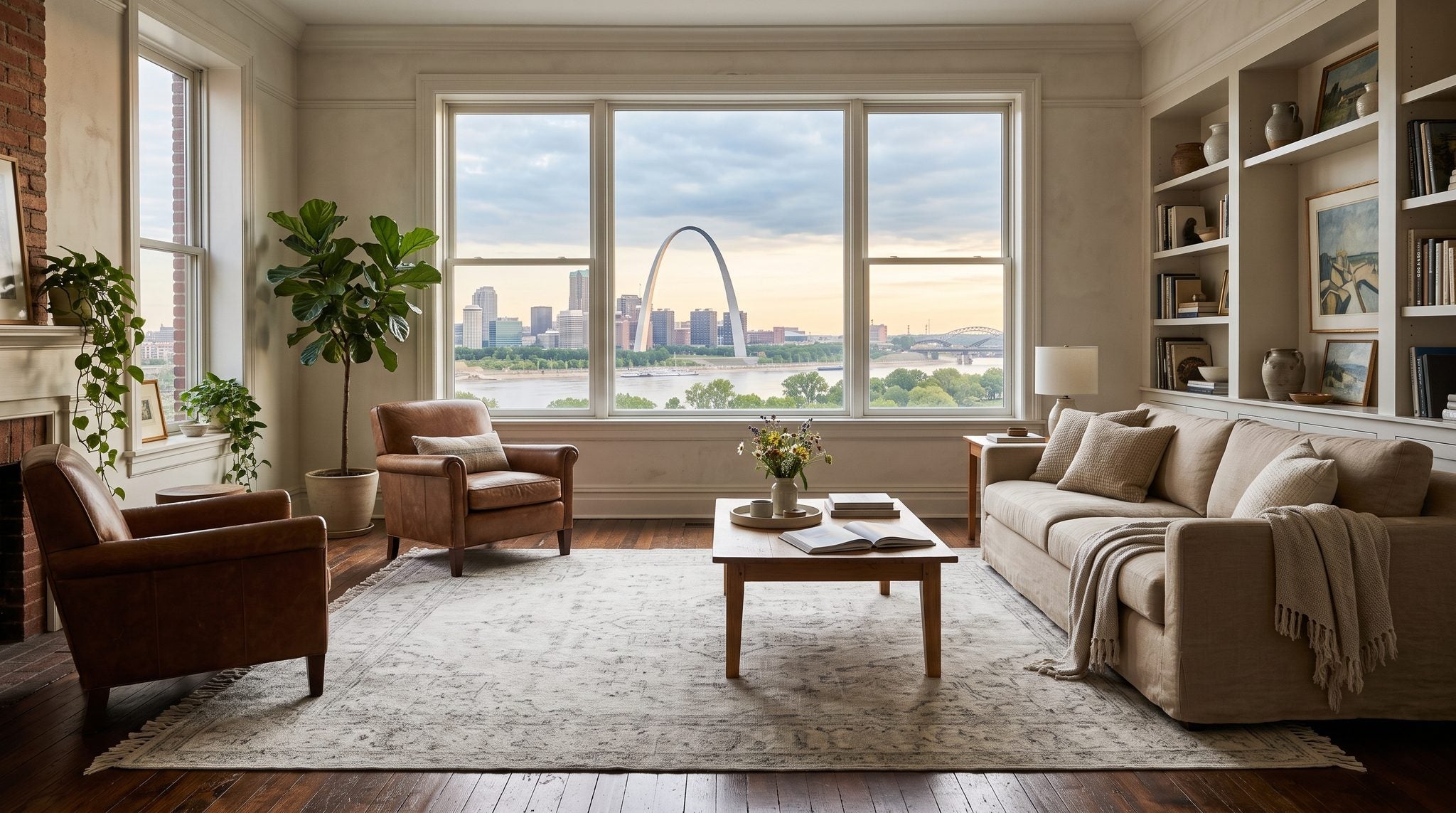 Sunlit living room with a large window overlooking a river city skyline under a soft golden sky