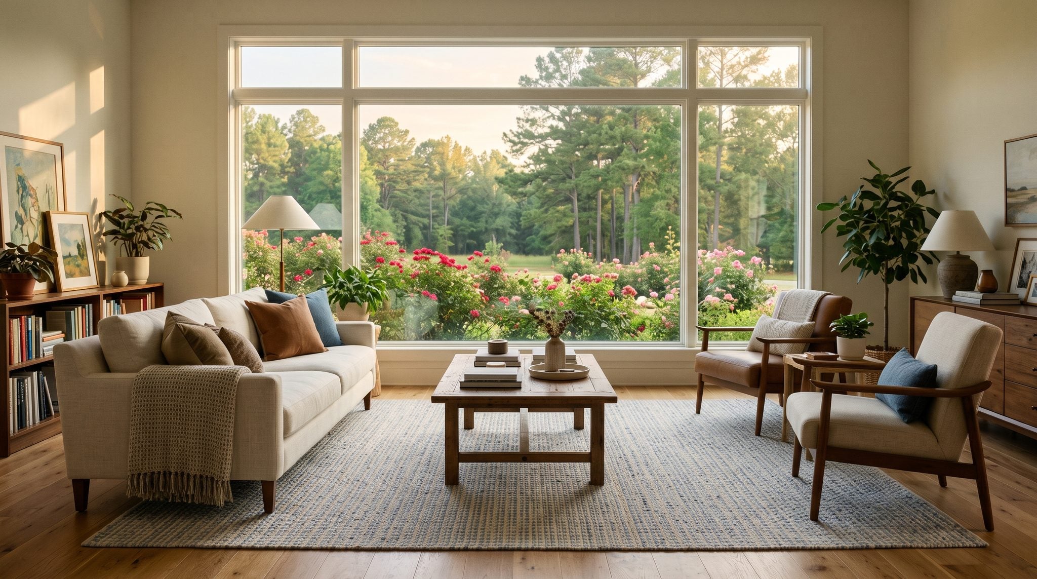 Sunlit window view of a rose garden and tall East Texas pines in soft golden light