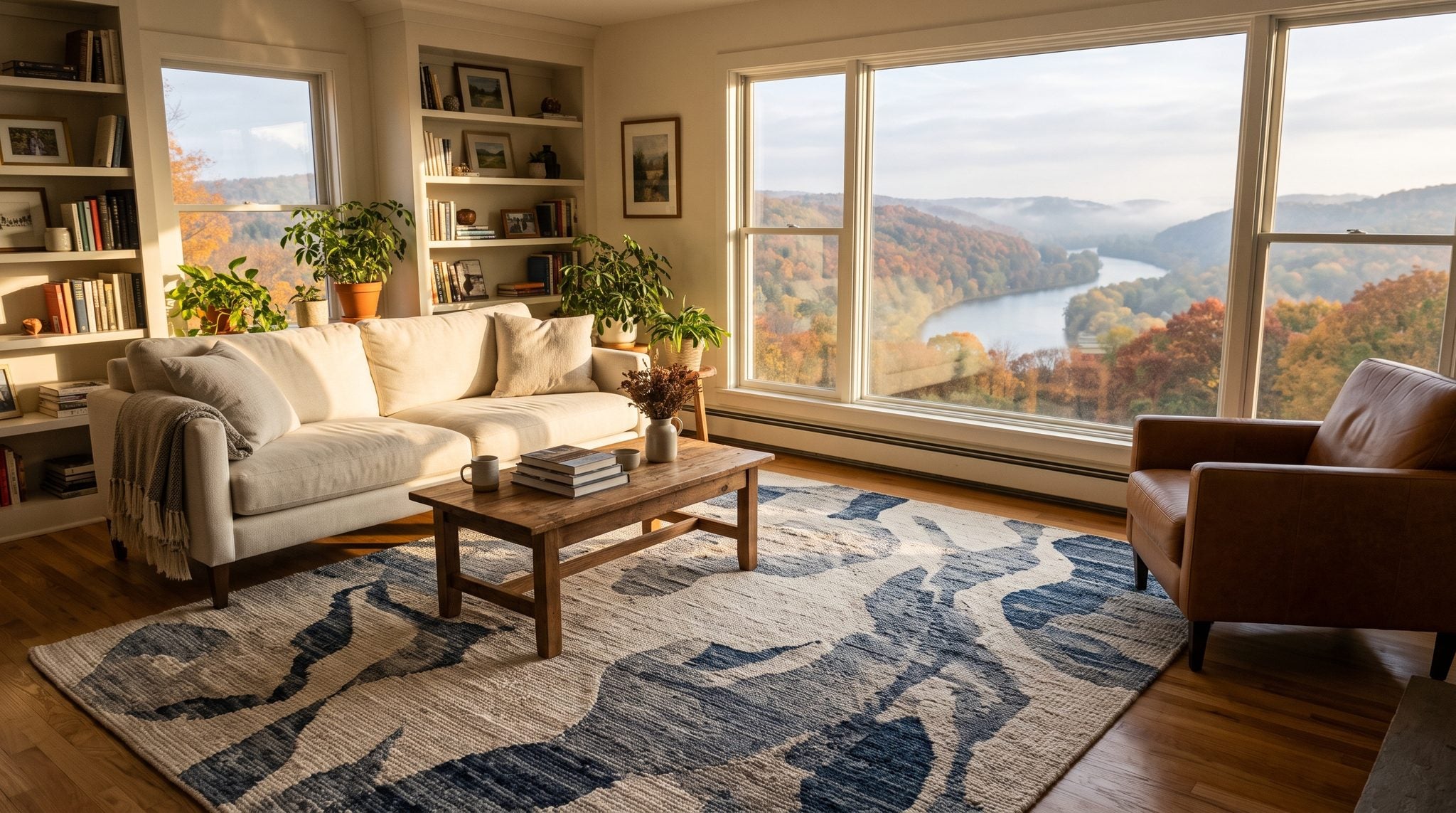 Sunlit window view of the Allegheny River winding through autumn-colored forested hills near Warren, Pennsylvania
