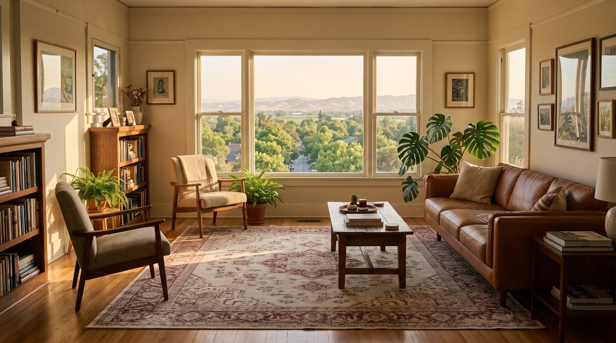 Sunlit room with a window looking out on leafy trees, golden valley light and distant Sierra foothills