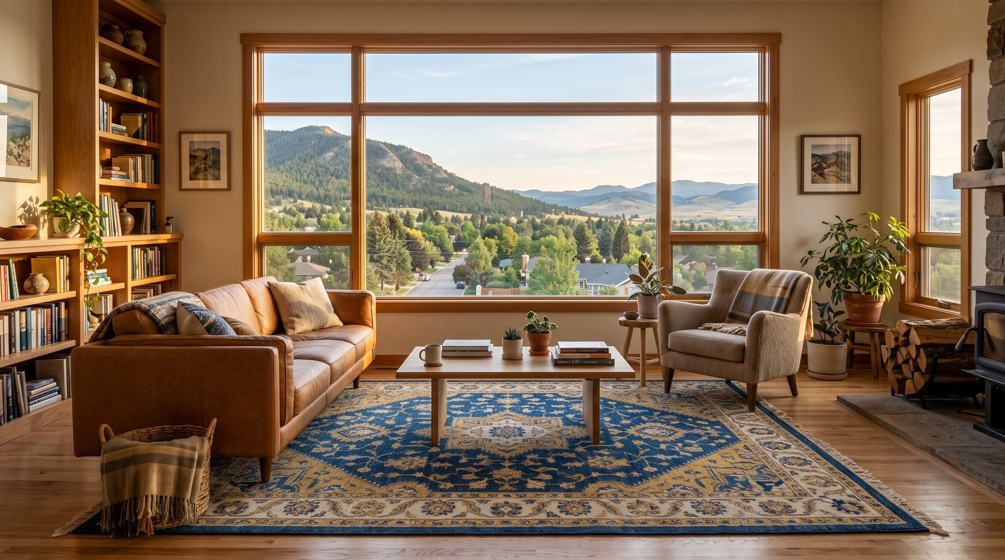 Sunlit living room window overlooking Mount Helena and the Montana valley under a wide blue sky