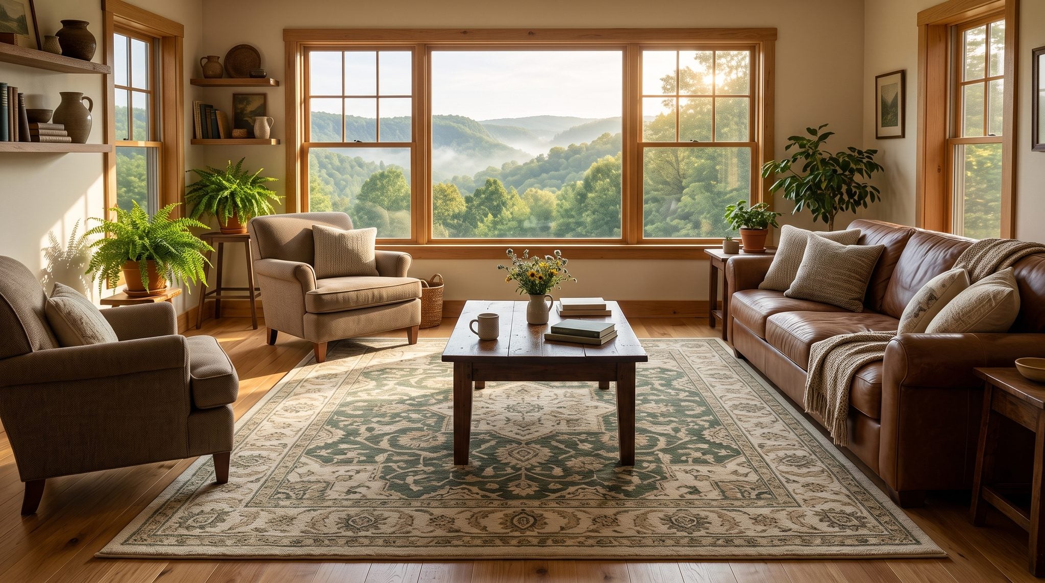 Sunlit living room window overlooking misty green Appalachian hills near Beckley, West Virginia