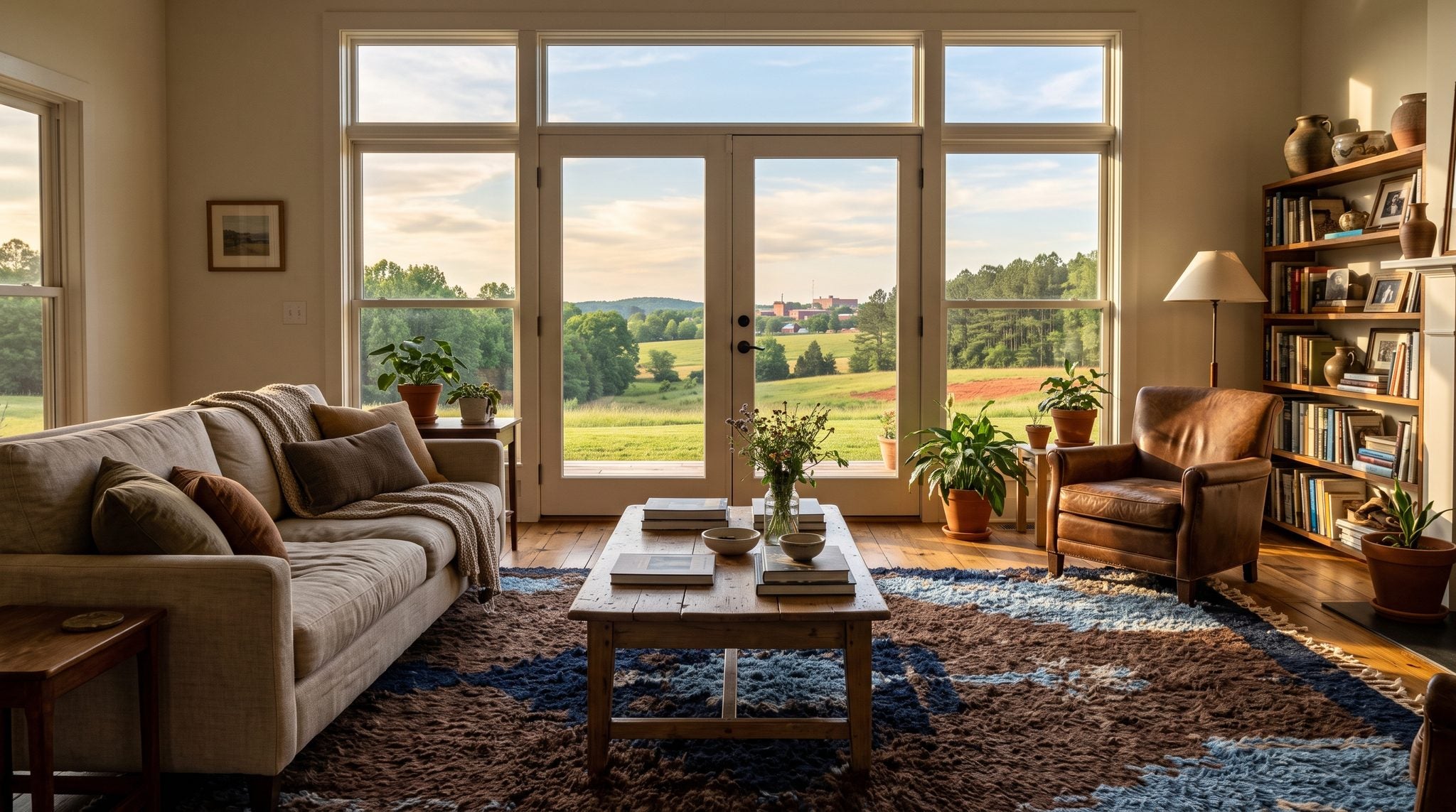 Sunlit living room window overlooking rolling green hills and pine trees in the Newberry, South Carolina countryside