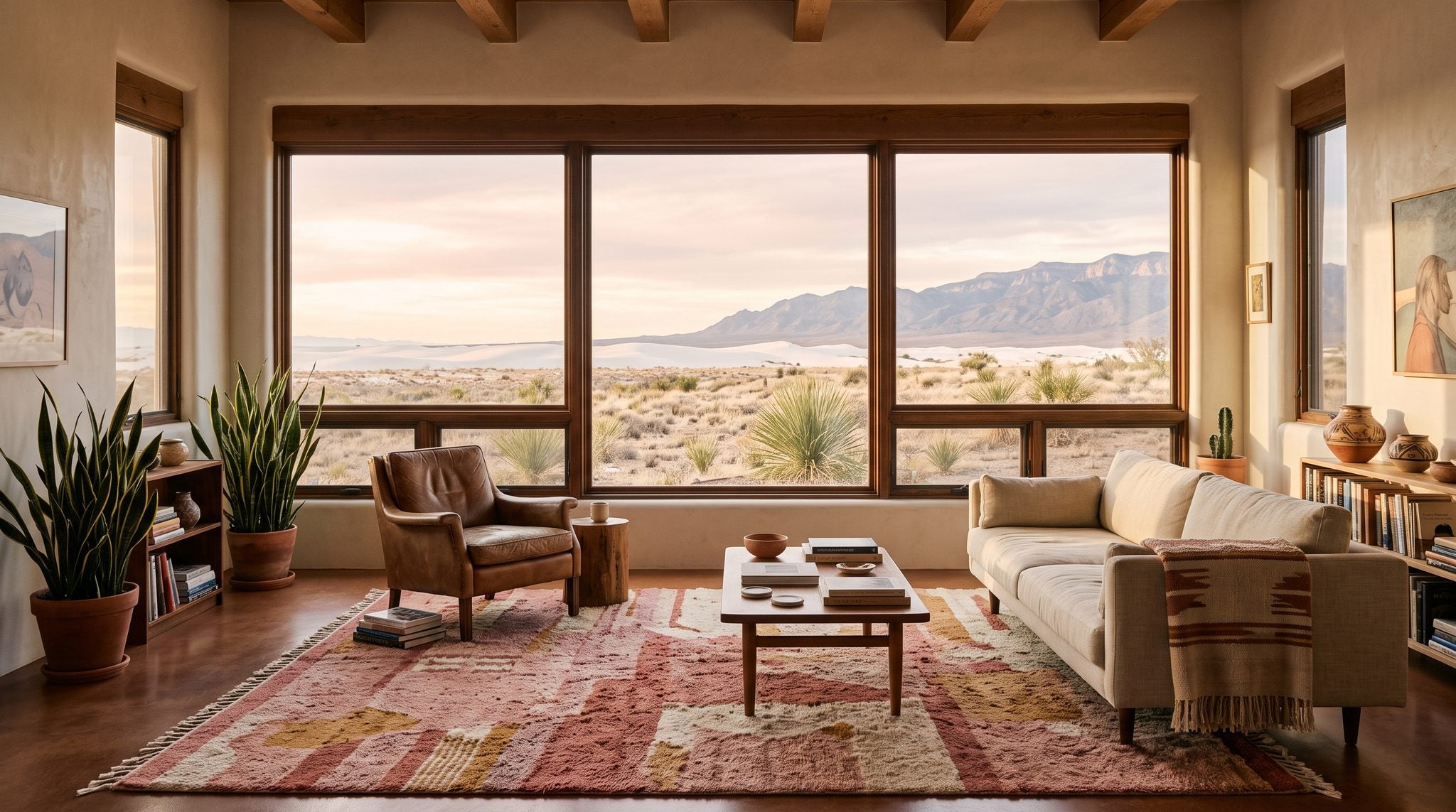 Sunlit room with a window view of white desert dunes and distant mountains under a rose and gold sky