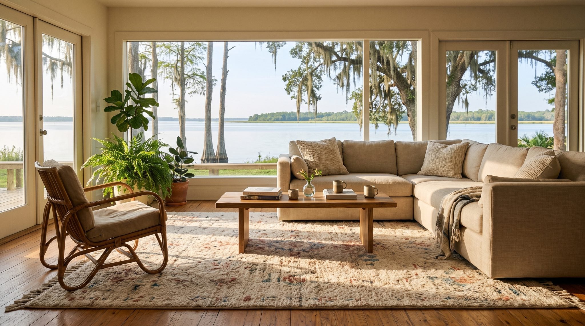 Sunlit window view of the St. Johns River with cypress trees and moss-draped live oaks in golden light