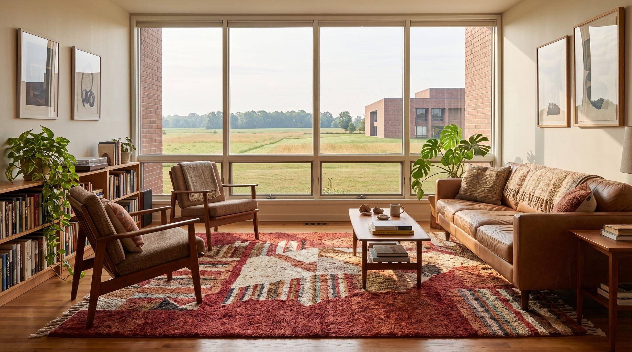 Sunlit living room window overlooking Indiana farmland and a modern brick building near Columbus