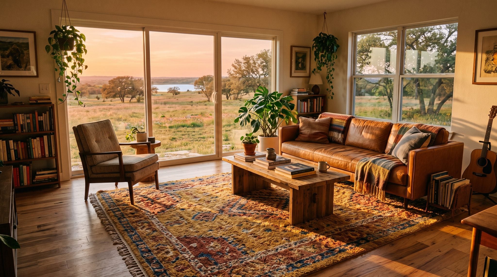 Sunlit living room window overlooking rolling Central Texas prairie with oak trees and a golden evening sky