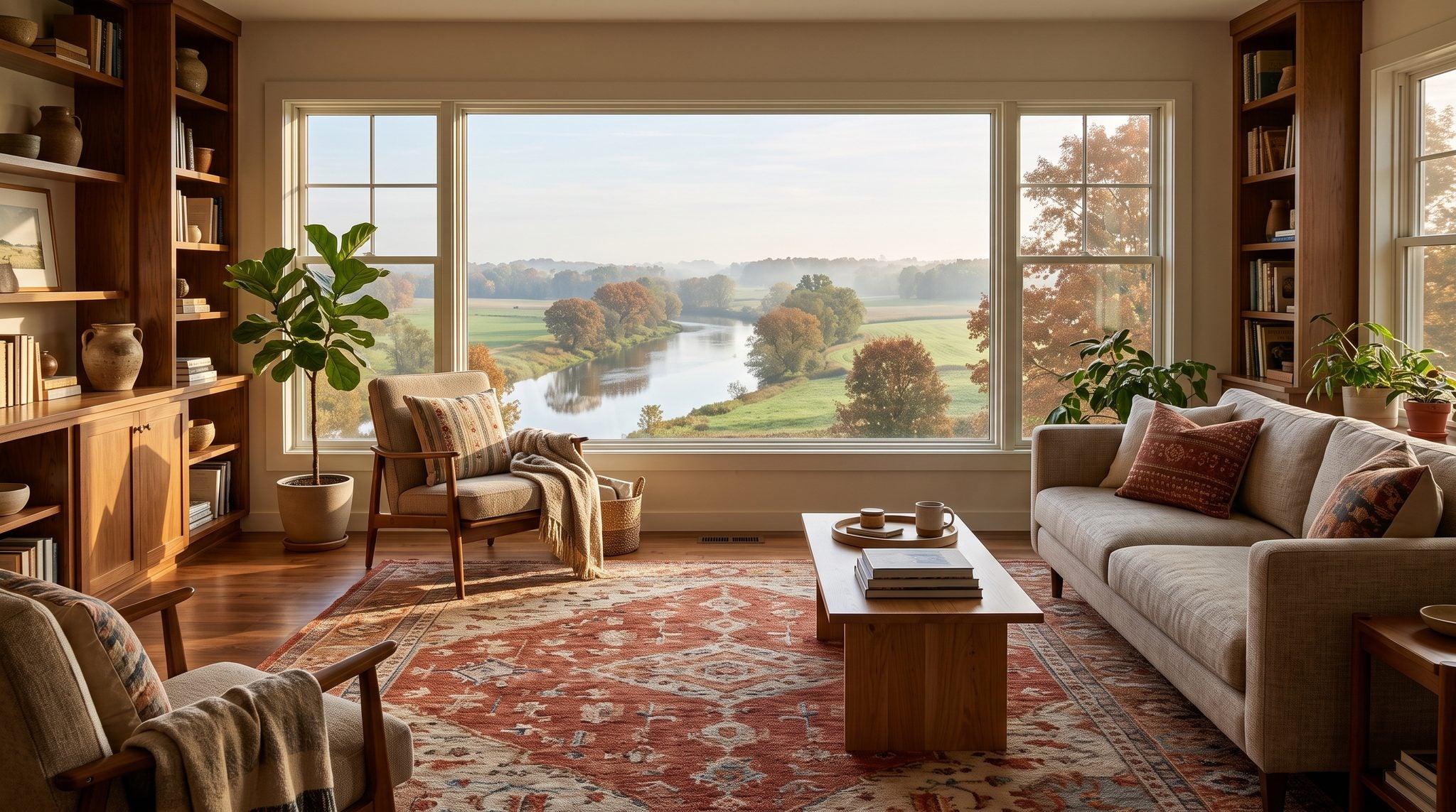 Sunlit living room window overlooking a river and autumn-tinted farmland in southern Wisconsin