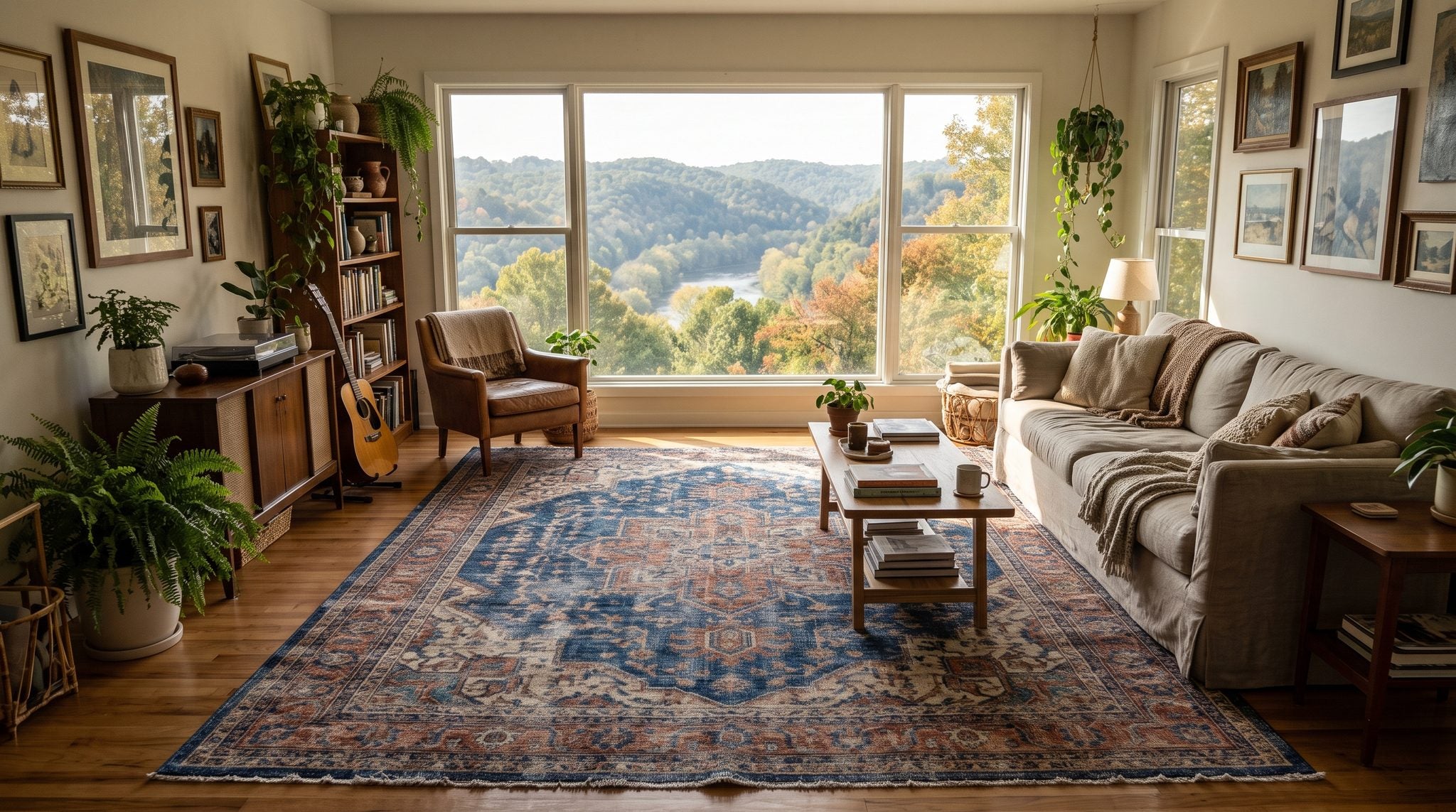Sunlit living room window overlooking wooded Appalachian foothills near Athens, Ohio, with soft golden light.