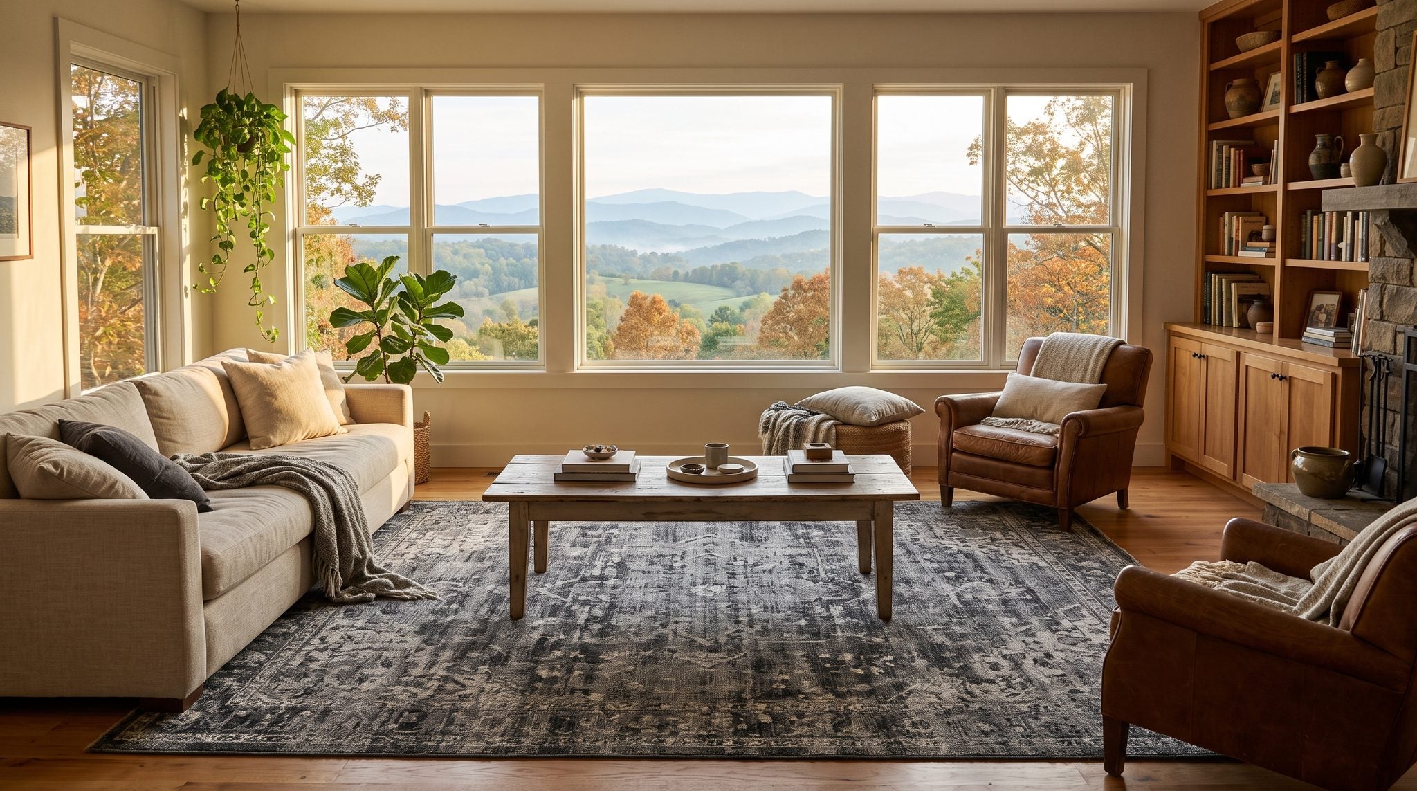 Sunlit living room window looking out on rolling green hills and layered blue ridgelines in the Knoxville area