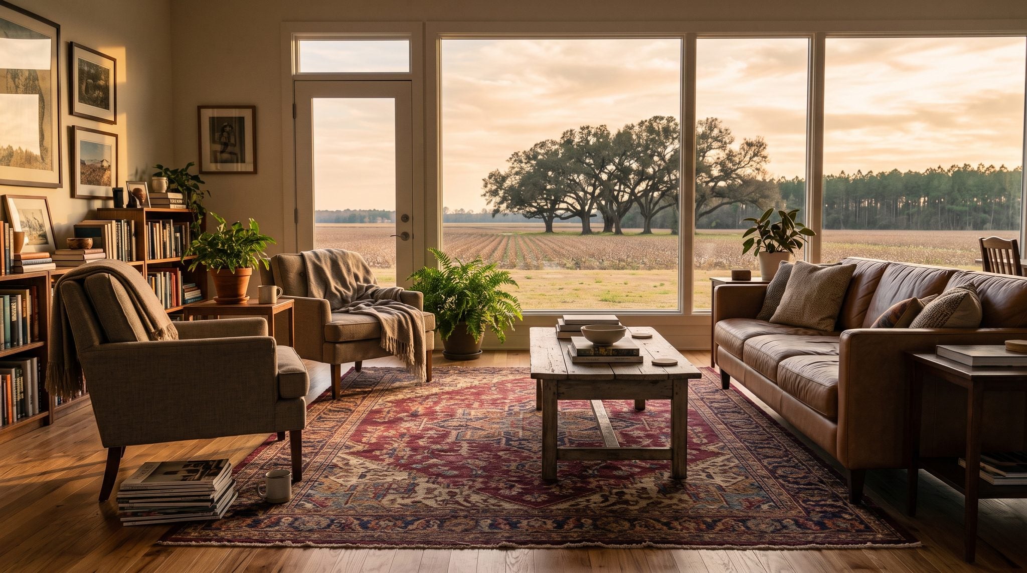 Sunlit room with a window overlooking golden South Georgia farmland and pecan trees near Moultrie
