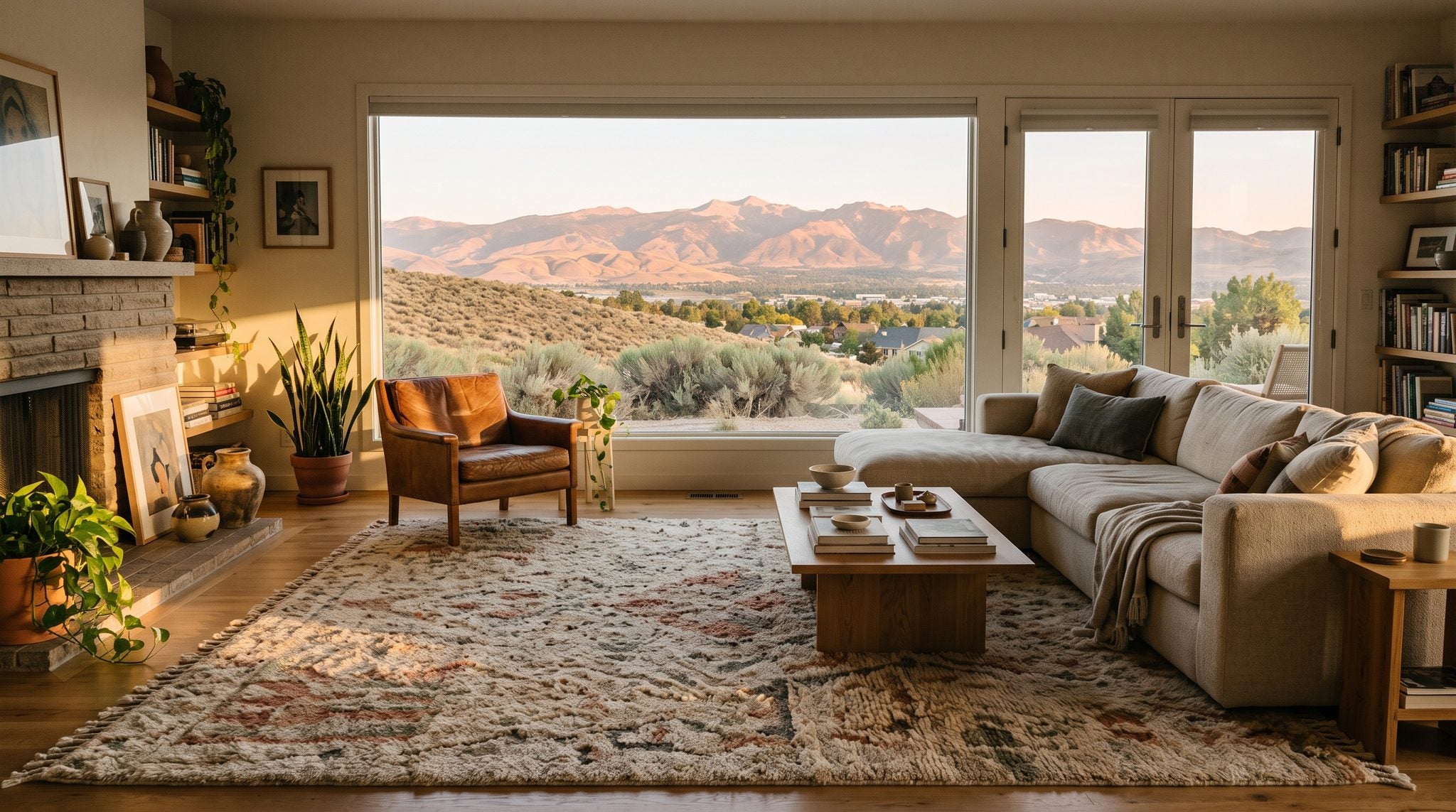 Sunlit living room window overlooking Reno's high desert foothills and the Sierra Nevada at golden hour