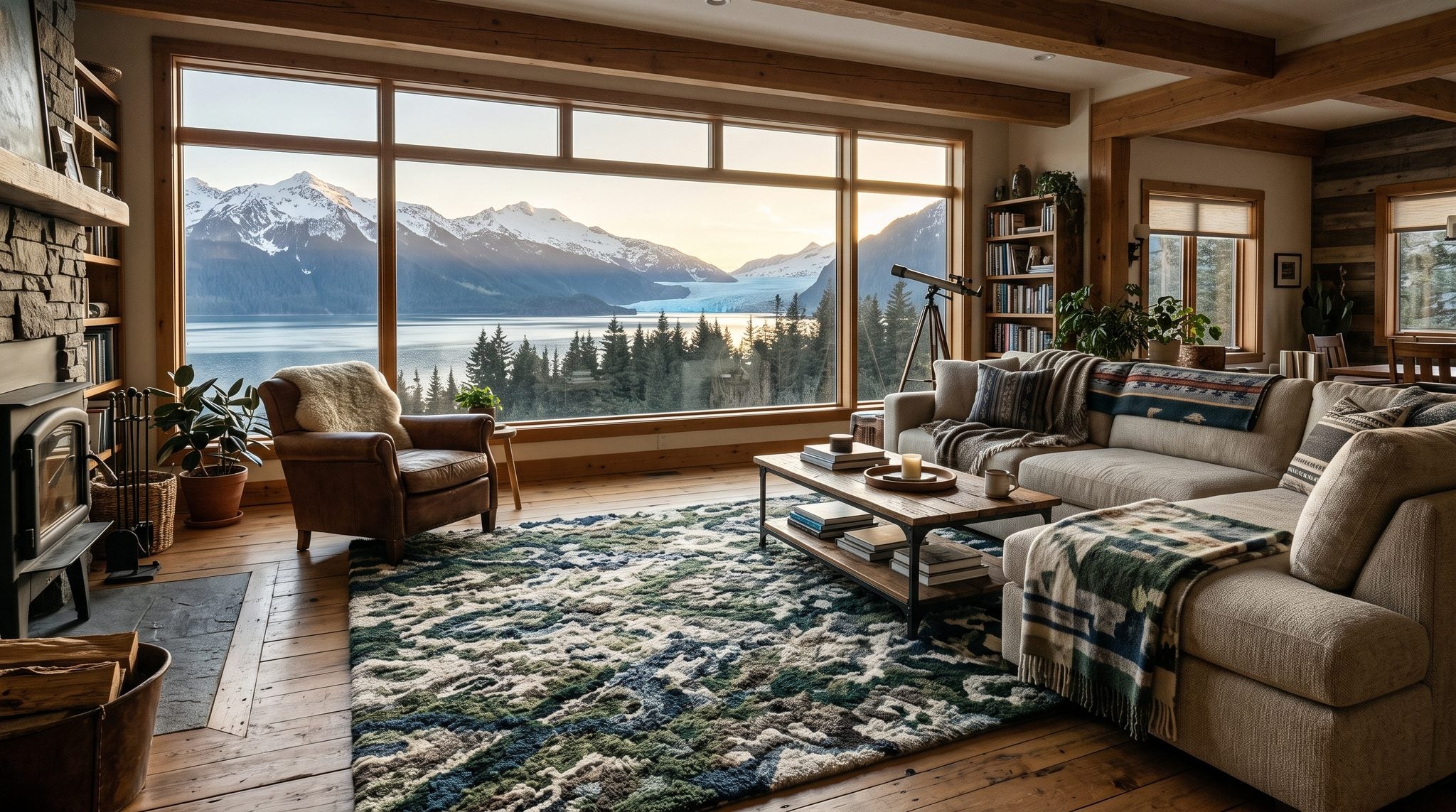 Sunlit living room window looking out on Alaska mountains, spruce forest and a glacier-blue inlet