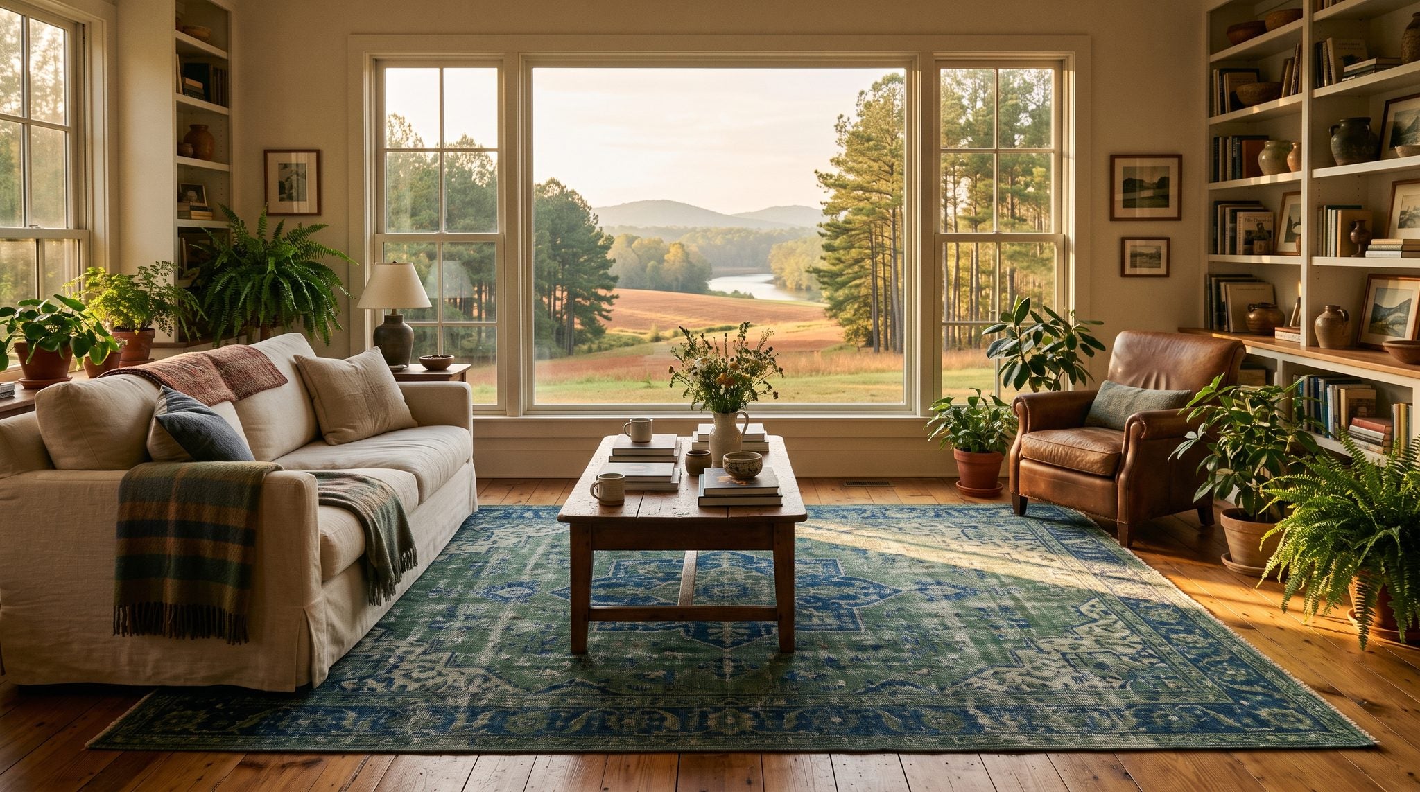 Sunlit living room window overlooking Alabama pine forests, red-clay fields and a river at golden hour