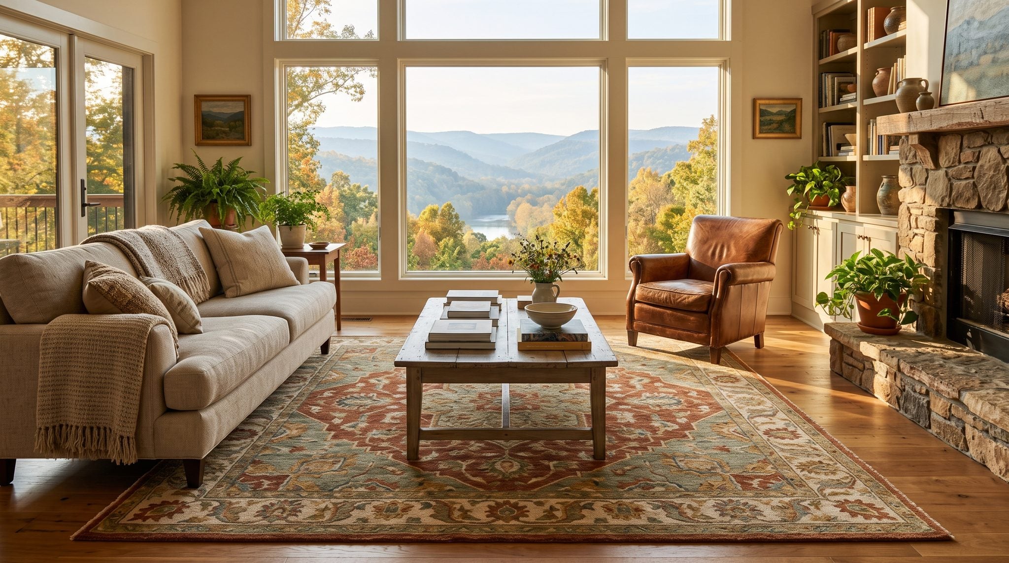 Sunlit living room window overlooking forested Ozark ridges and a river valley in Arkansas