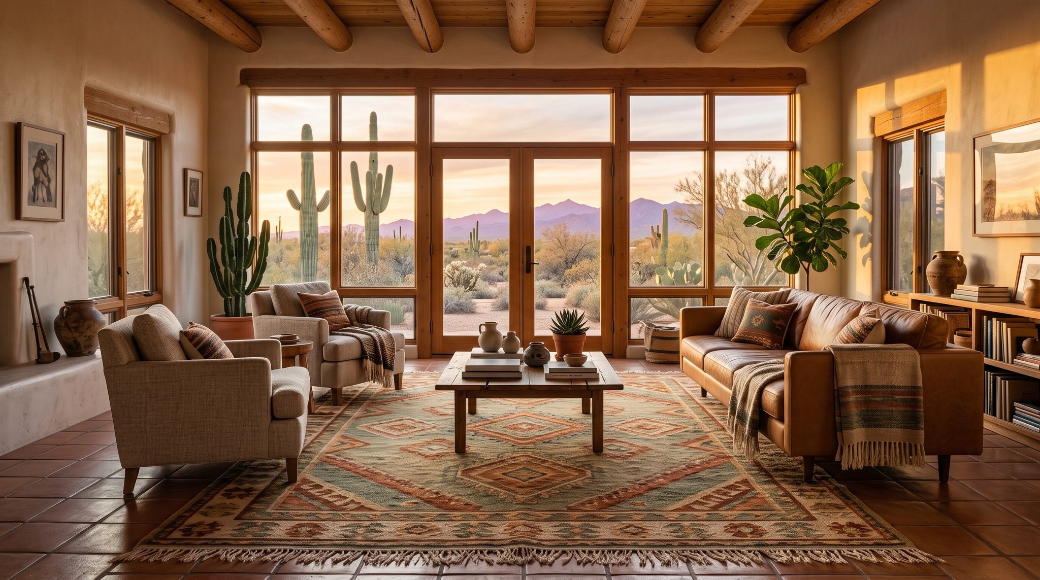 Sunlit room with a window overlooking saguaro cacti and distant mountains in the Arizona desert at sunset