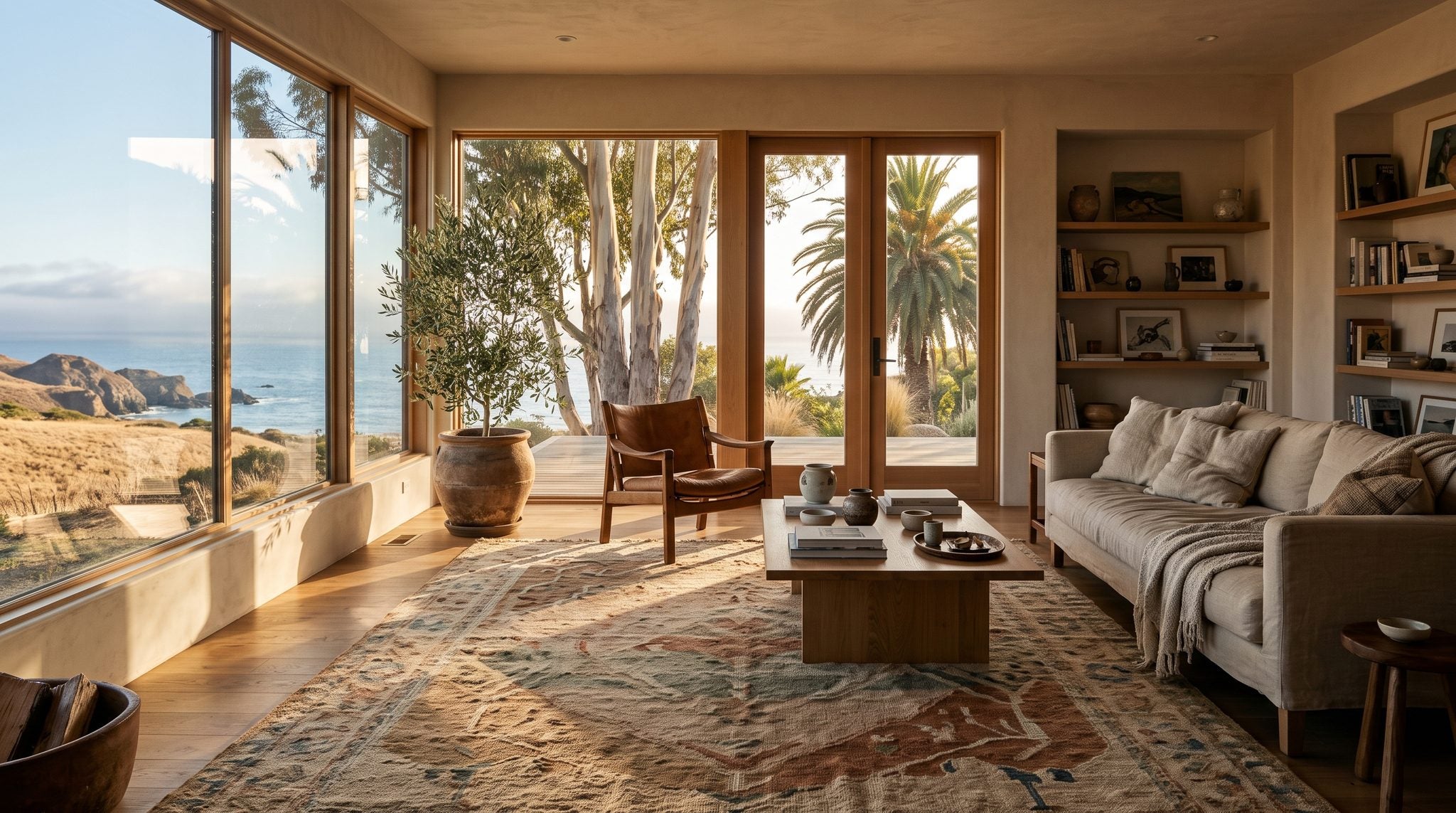 Sunlit living room window overlooking the California coast, golden hills and the blue Pacific Ocean