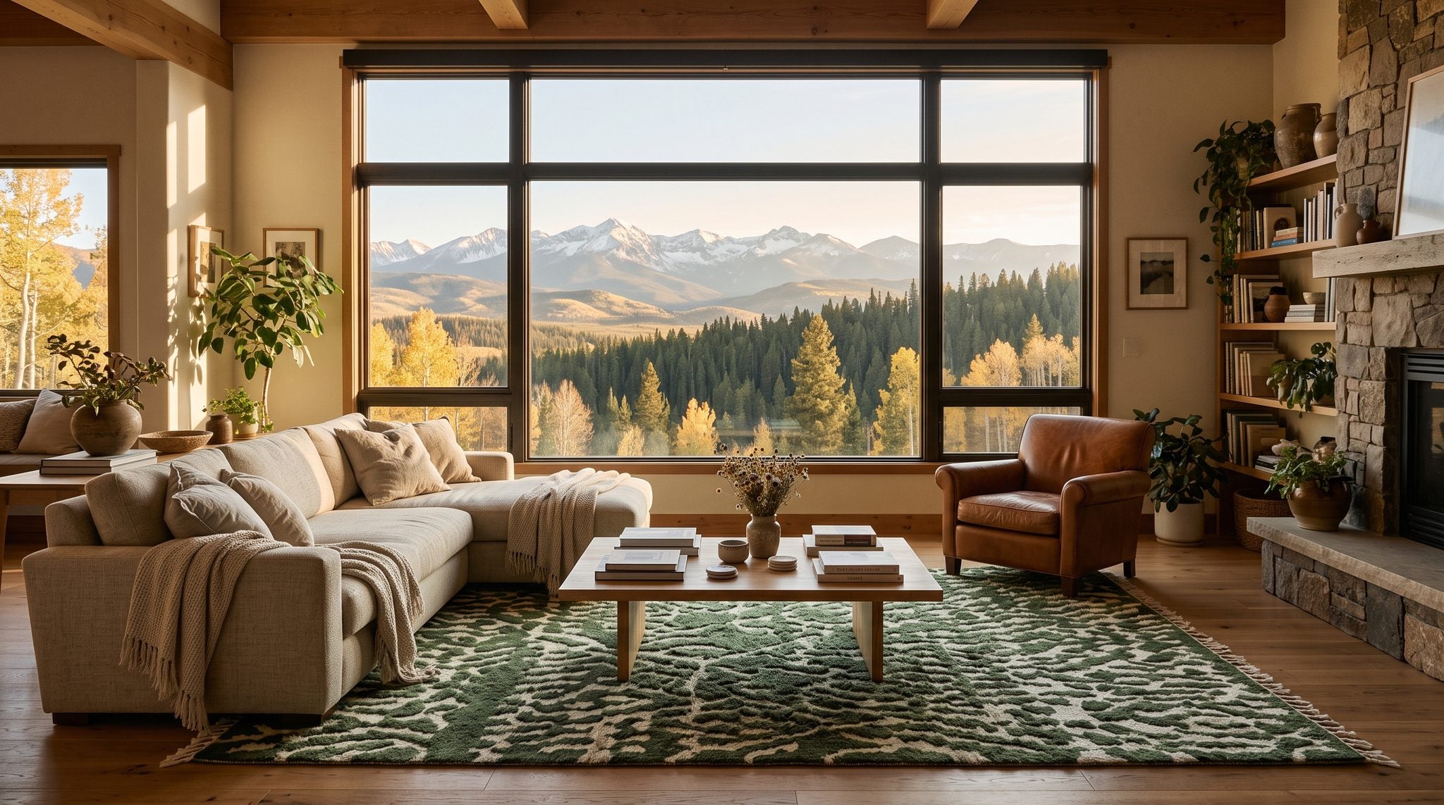 Sunlit living room window overlooking snow-capped Rocky Mountains, pine forest and golden aspens in Colorado