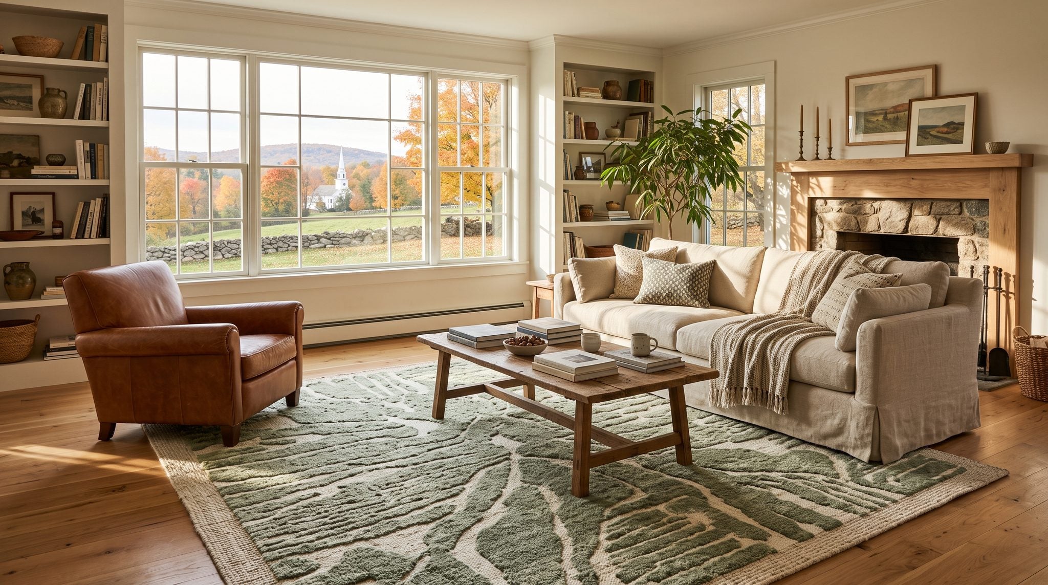 Sunlit living room window looking out on autumn hills, stone walls and a New England village in Connecticut