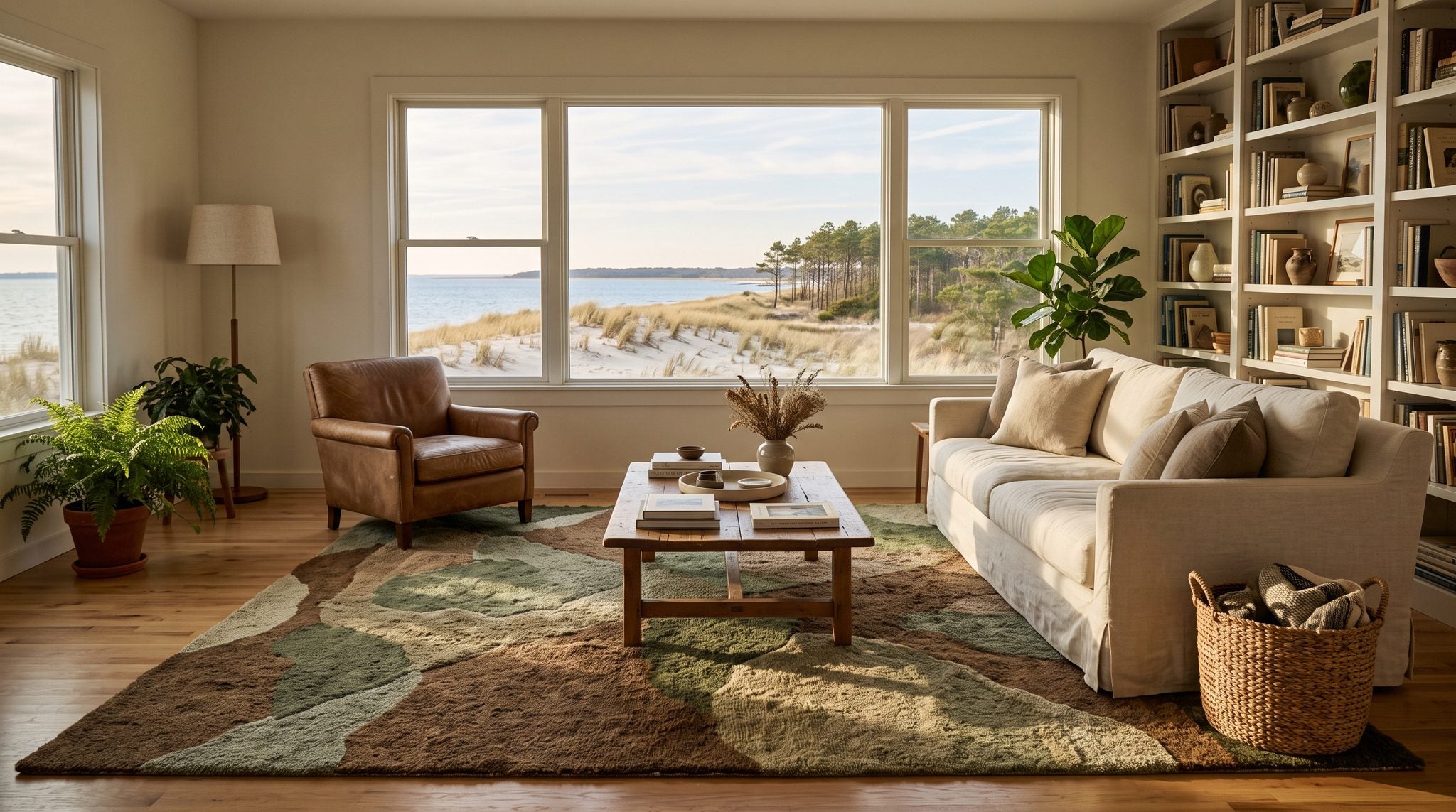Sunlit window view of Delaware coastal dunes, beach grass and calm blue bay under a wide morning sky