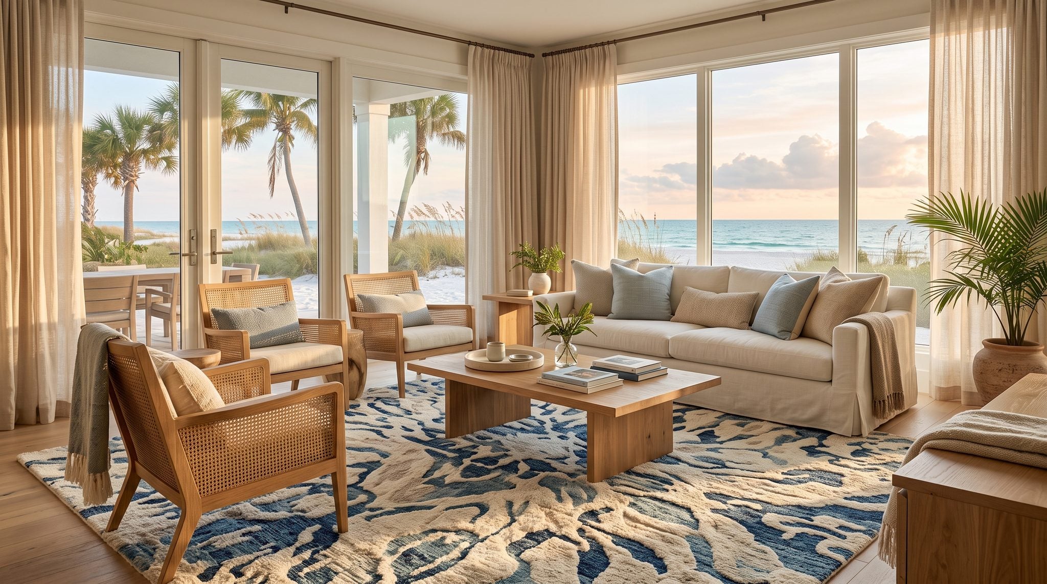 Sunlit living room window looking out on a palm-lined Florida beach and turquoise water at sunset