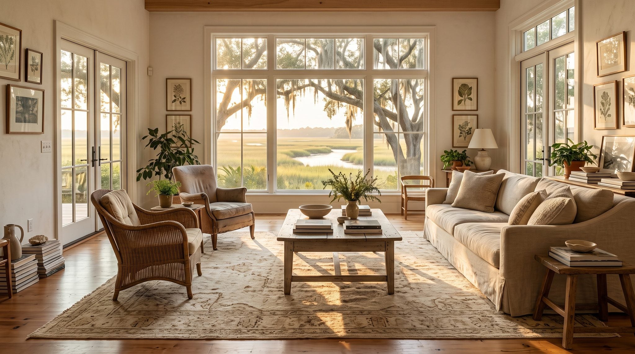 Sunlit room with a window overlooking a Georgia coastal marsh and moss-draped live oaks at golden hour