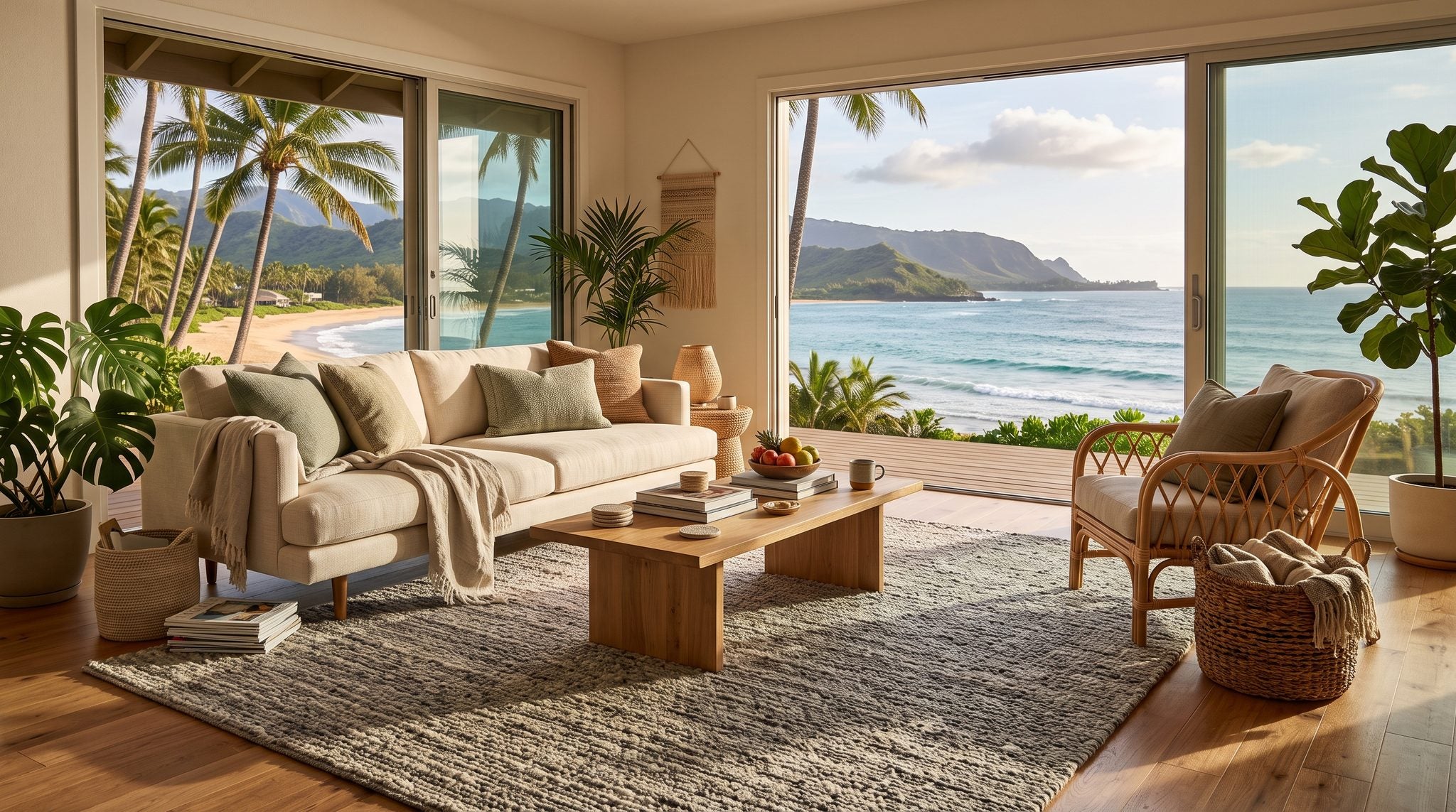 Sunlit room with a window overlooking palm trees, a golden beach, turquoise water and green volcanic ridges in Hawaii