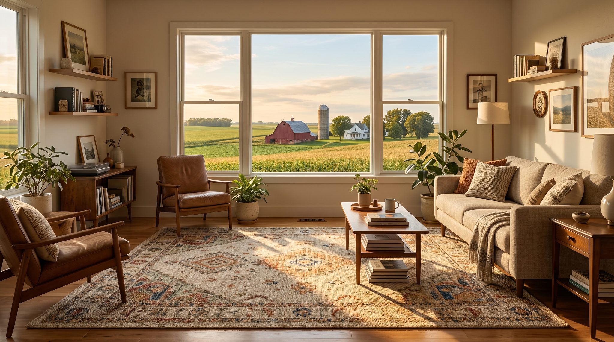 Sunlit living room with a window overlooking golden Iowa farmland, a red barn and wide blue sky