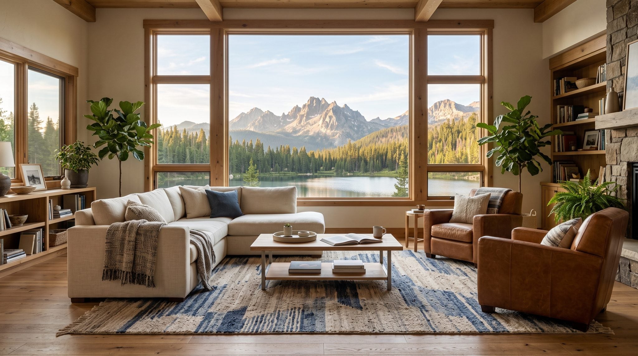 Sunlit room with a window looking out on jagged Idaho mountain peaks, pine forest and a calm alpine lake