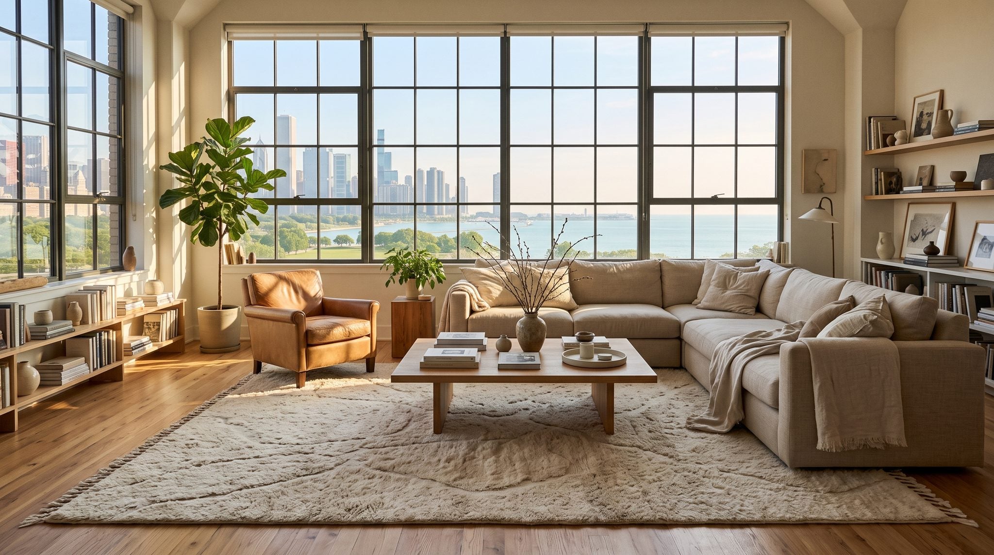 Sunlit living room window looking out on the Chicago skyline and Lake Michigan in soft morning light