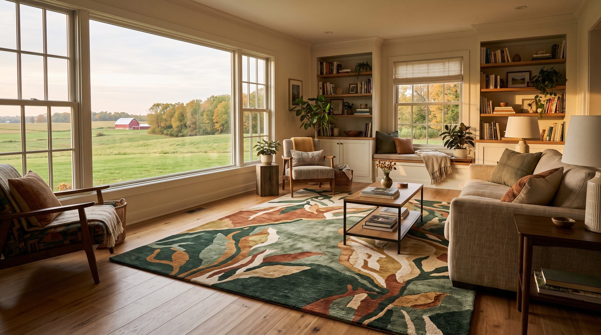 Sunlit room with a window overlooking green Indiana farmland, a red barn and autumn trees at golden hour