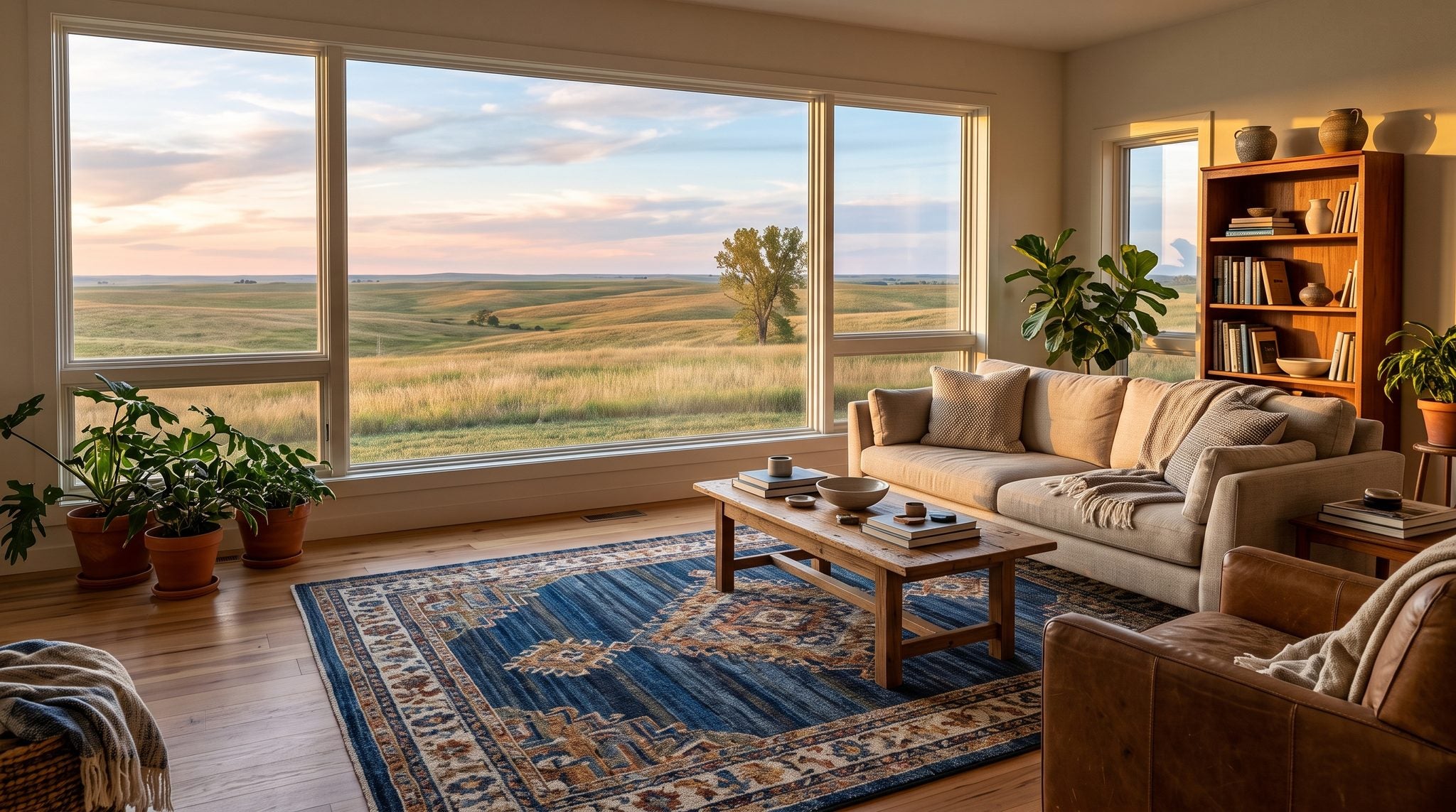 Sunlit living room window overlooking the rolling golden tallgrass prairie of Kansas under a wide evening sky