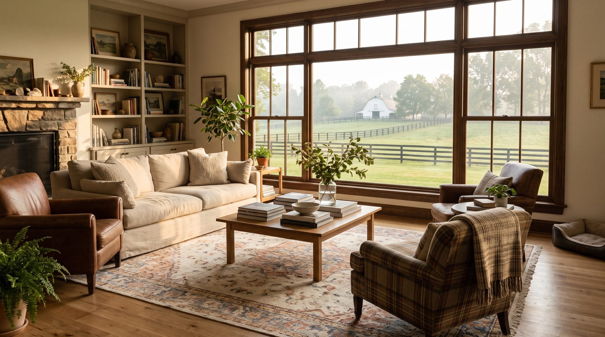 Sunlit window view of rolling bluegrass pastures with dark plank fencing and a distant barn in Kentucky horse country