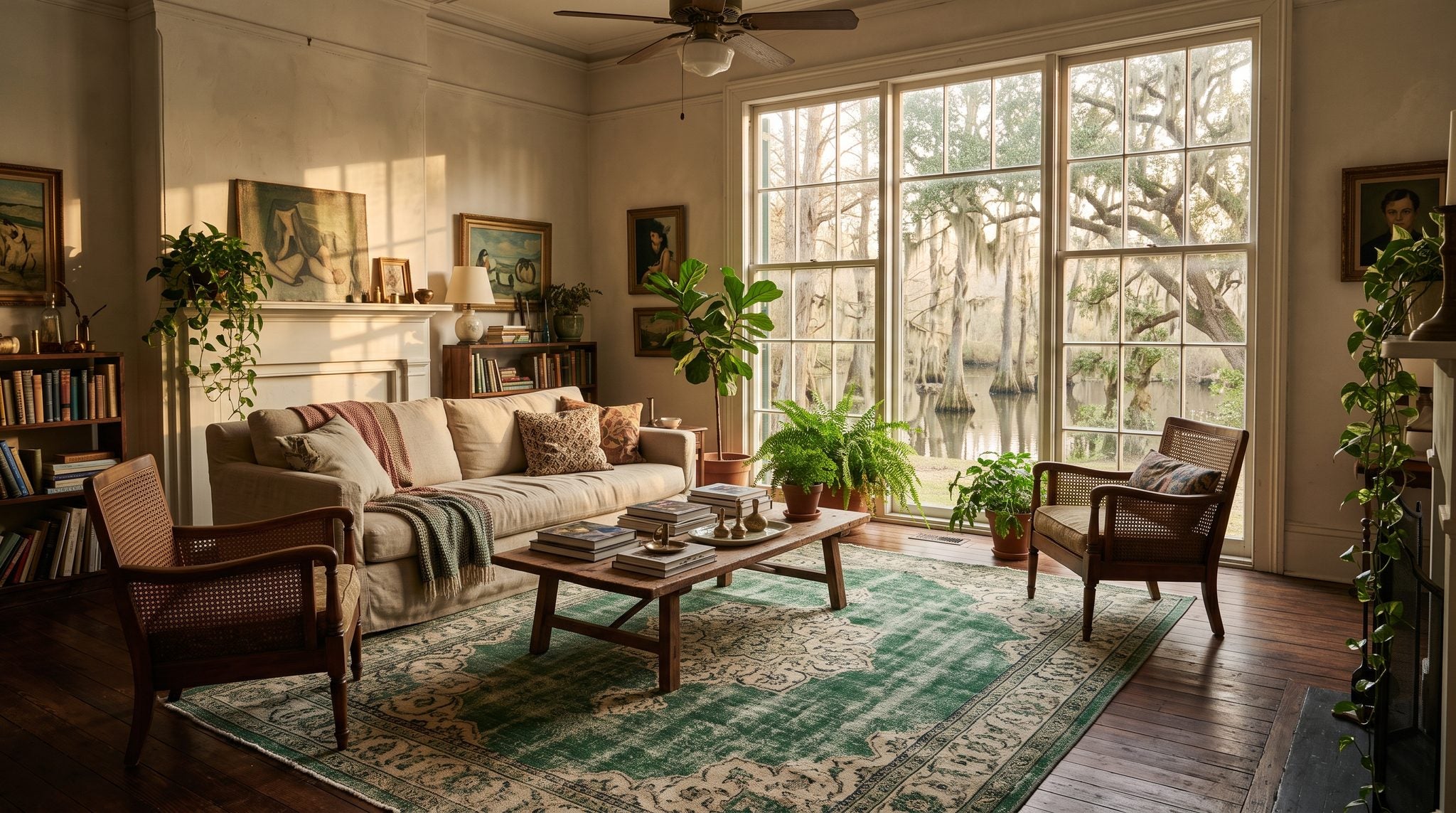Sunlit room with a window overlooking a misty Louisiana bayou with cypress trees and Spanish moss