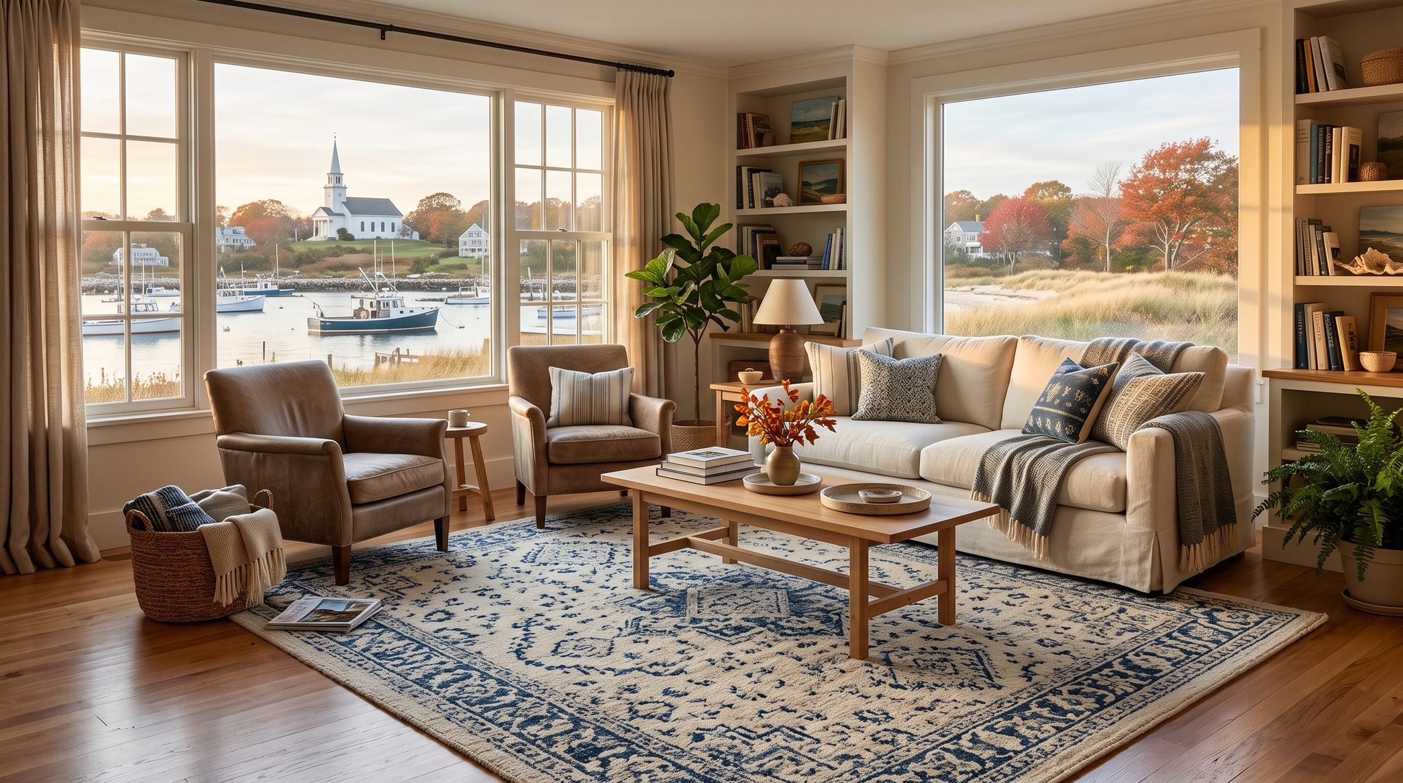 Sunlit room window overlooking a New England harbor with boats, a white-steepled church, and autumn maples