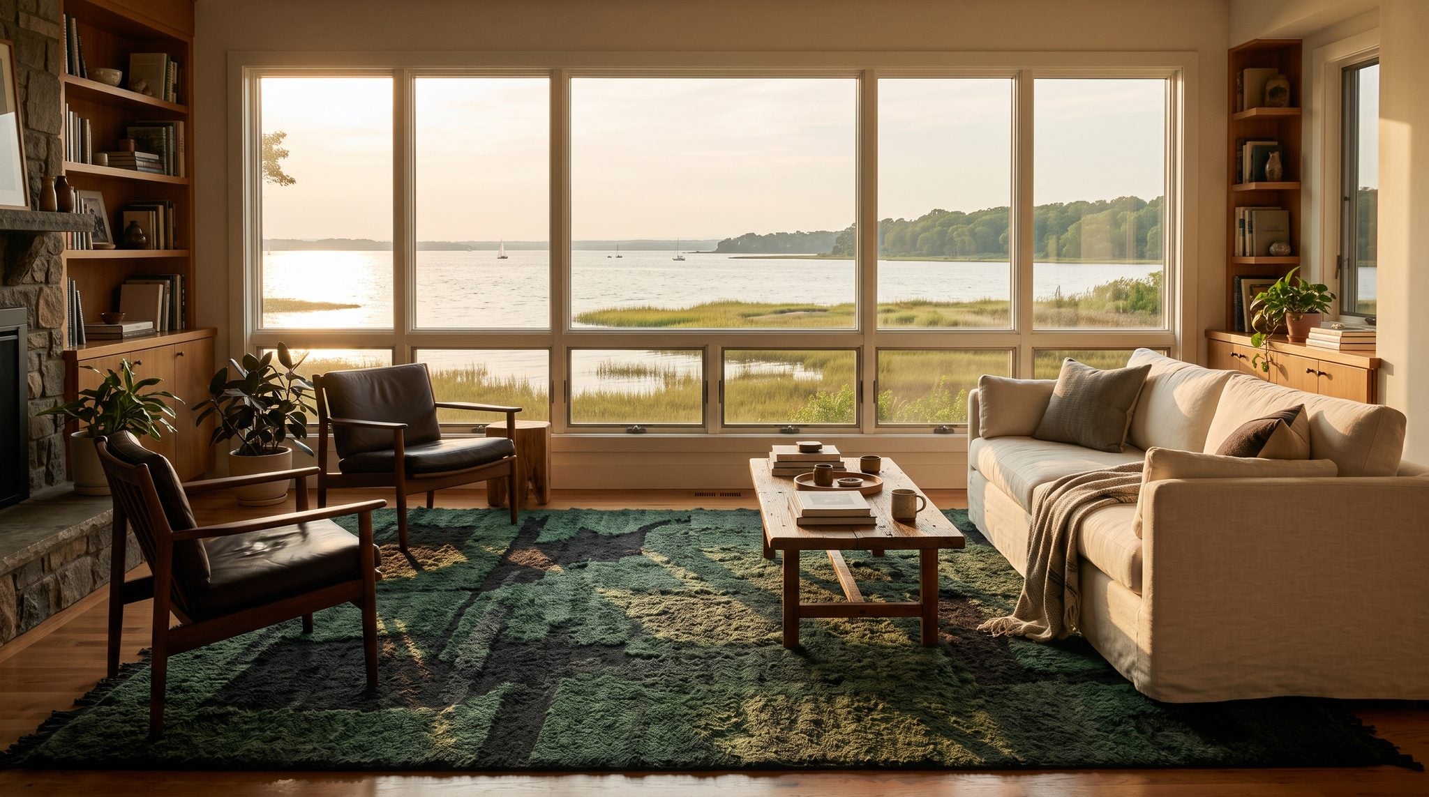 Sunlit room window overlooking the Chesapeake Bay with marsh grass, sailboats and golden evening light